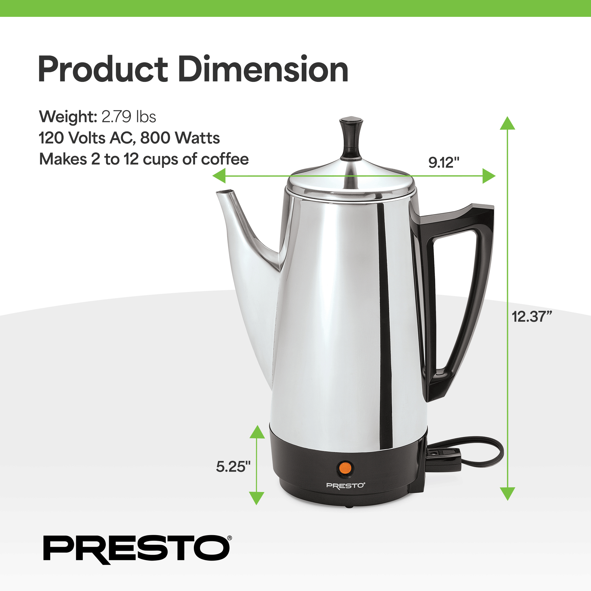 Presto Stainless Steel Coffee Maker, 12 Cup Robust Percolator Coffee, Silver - Smart-nests