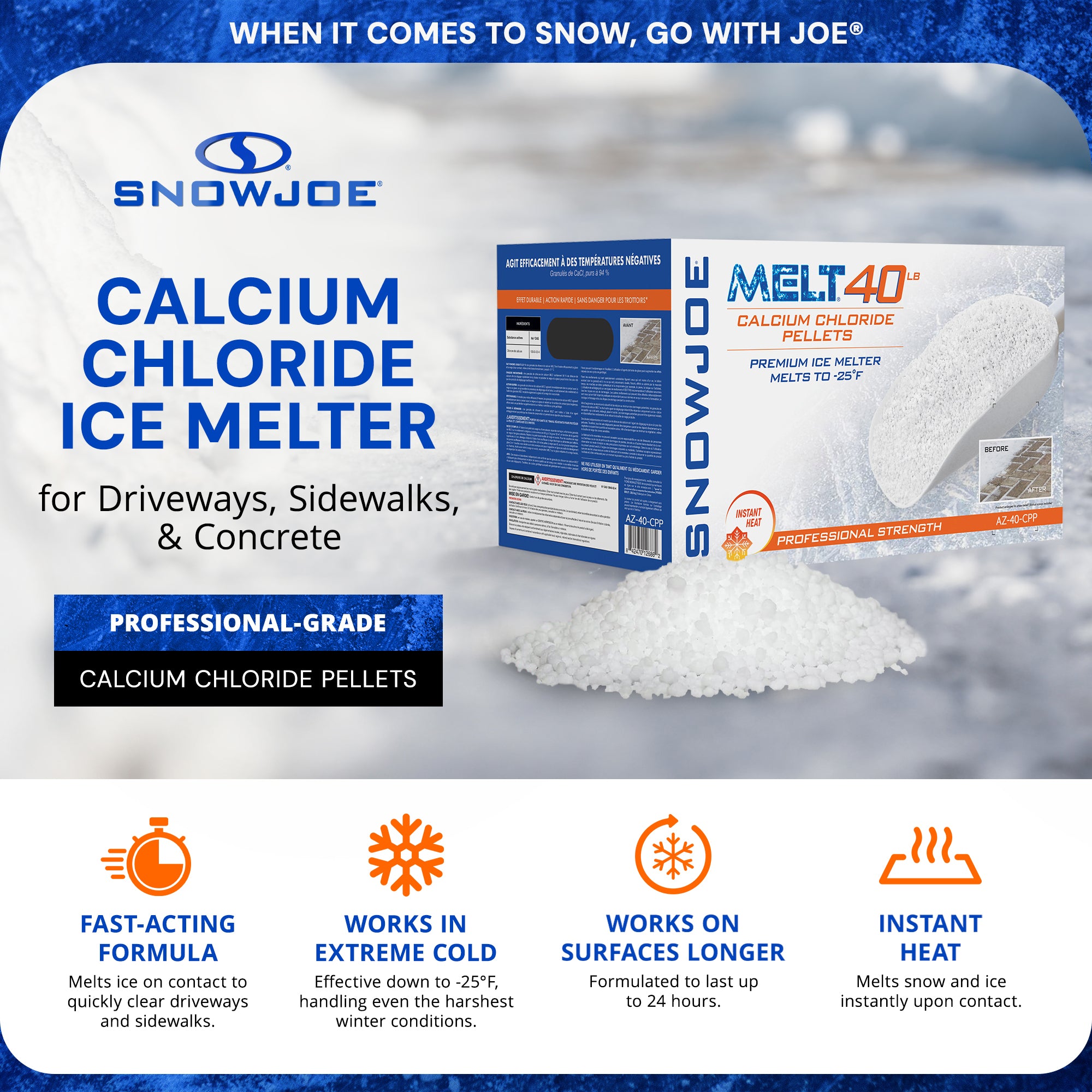 Snow Joe Ice Melt Calcium Chloride Blend, 40 lb (Packaging May Vary), AZ-40-CPP - Smart-nests