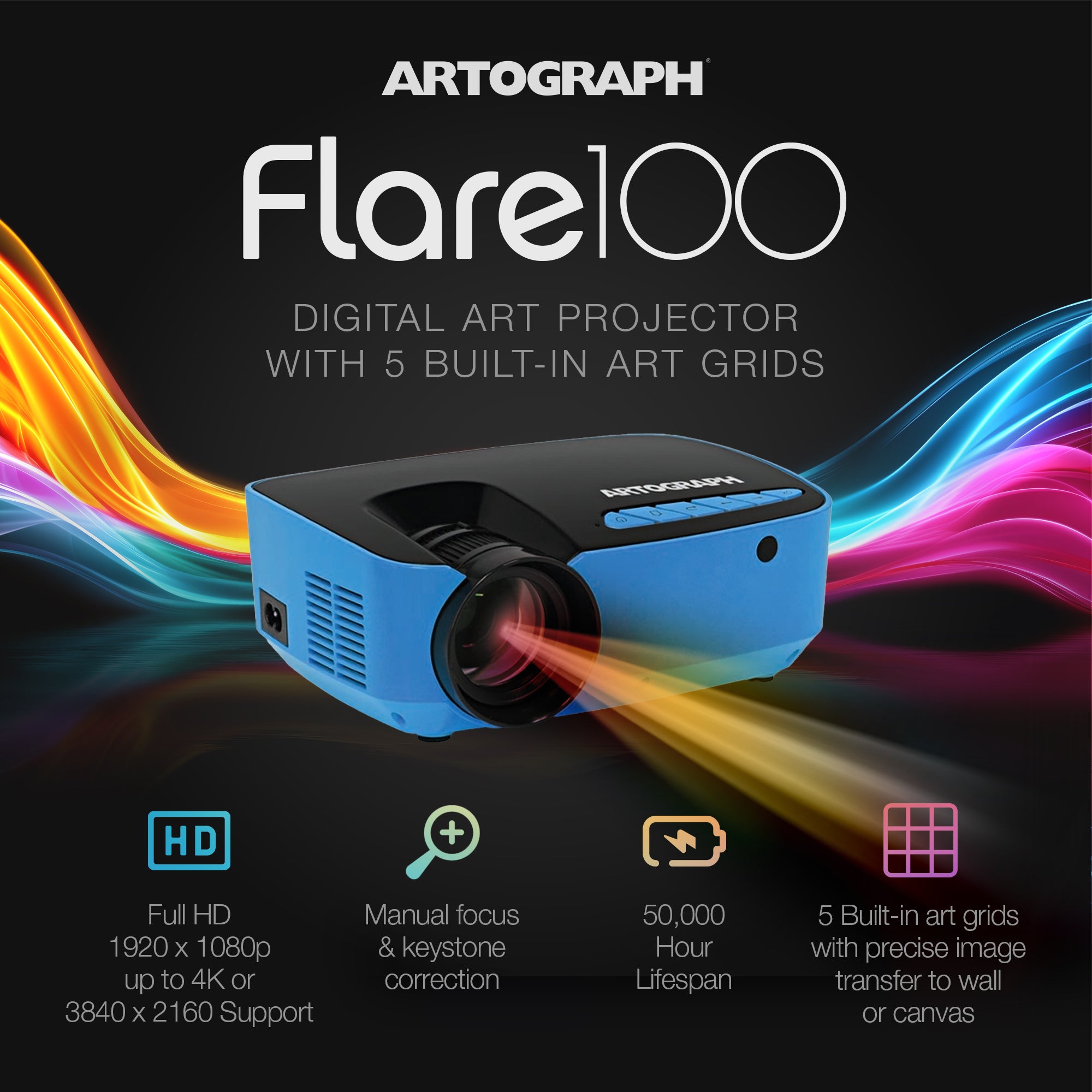 Artograph Smart HD Digital Art Projector, Wi Fi, Clamp Stand, Flare 100, Blue - Smart-nests