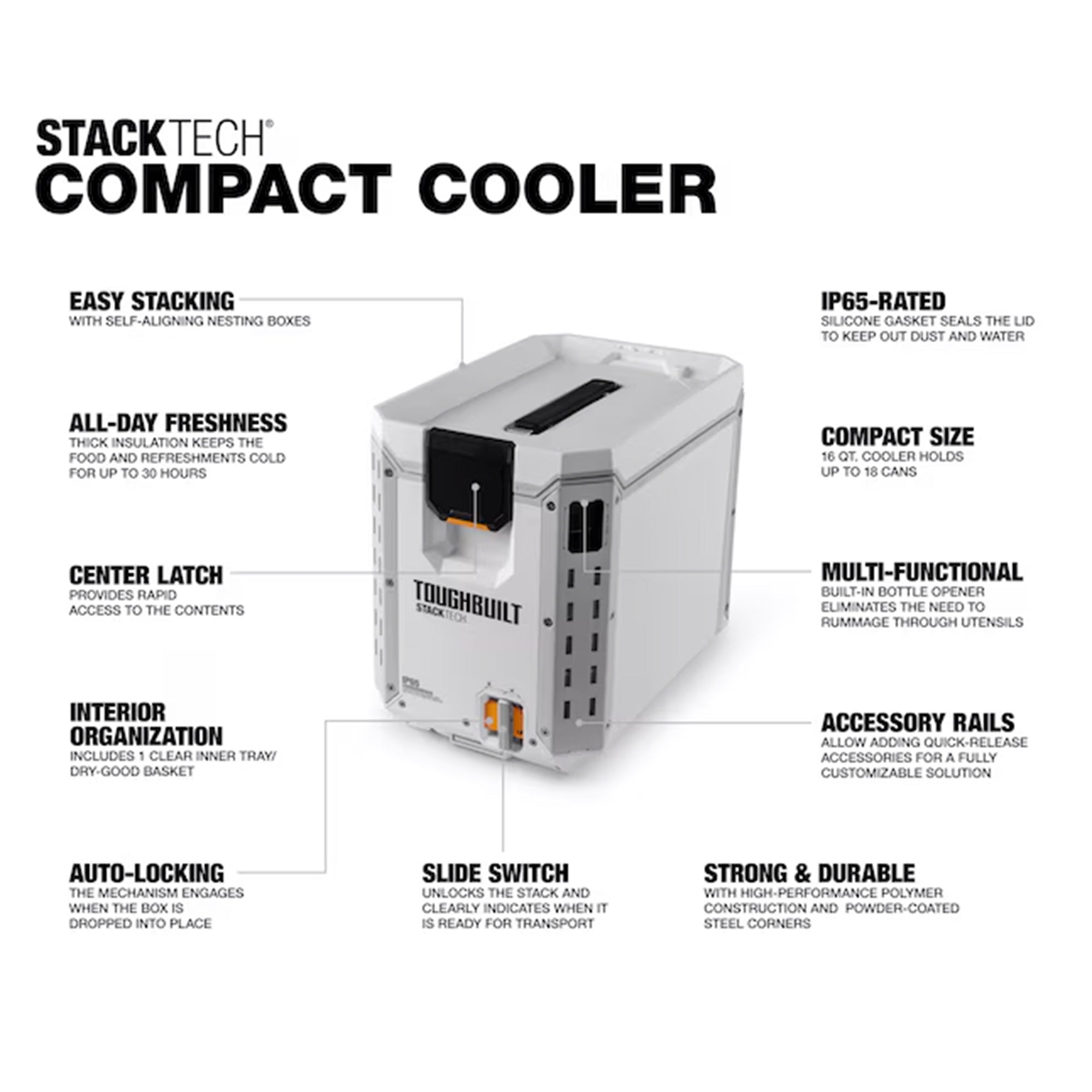 ToughBuilt StackTech Compact Cooler, Stackable 16 Qt Hard Shell Ice Chest, White - Smart-nests