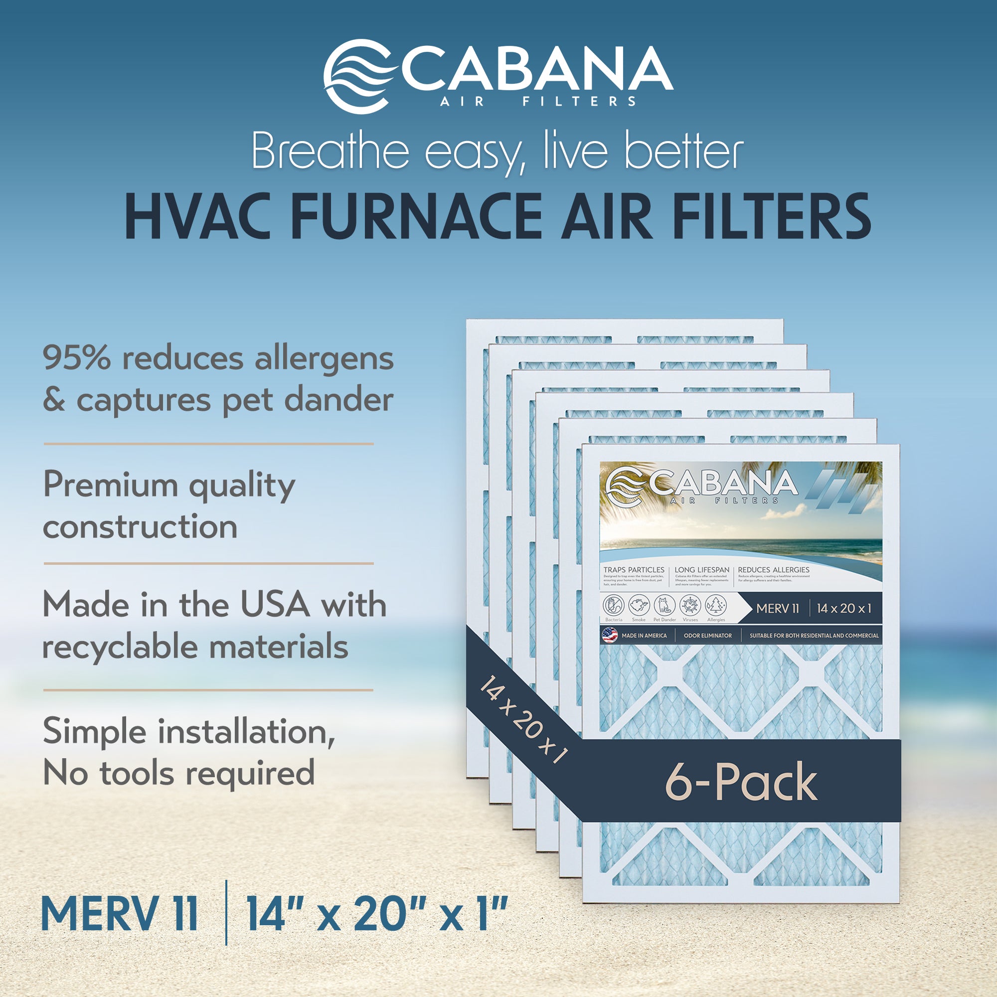 Cabana Air Filters 6 Pack HVAC Furnace Air Filters, MERV 11, 14 x 20 x 1, White - Smart-nests