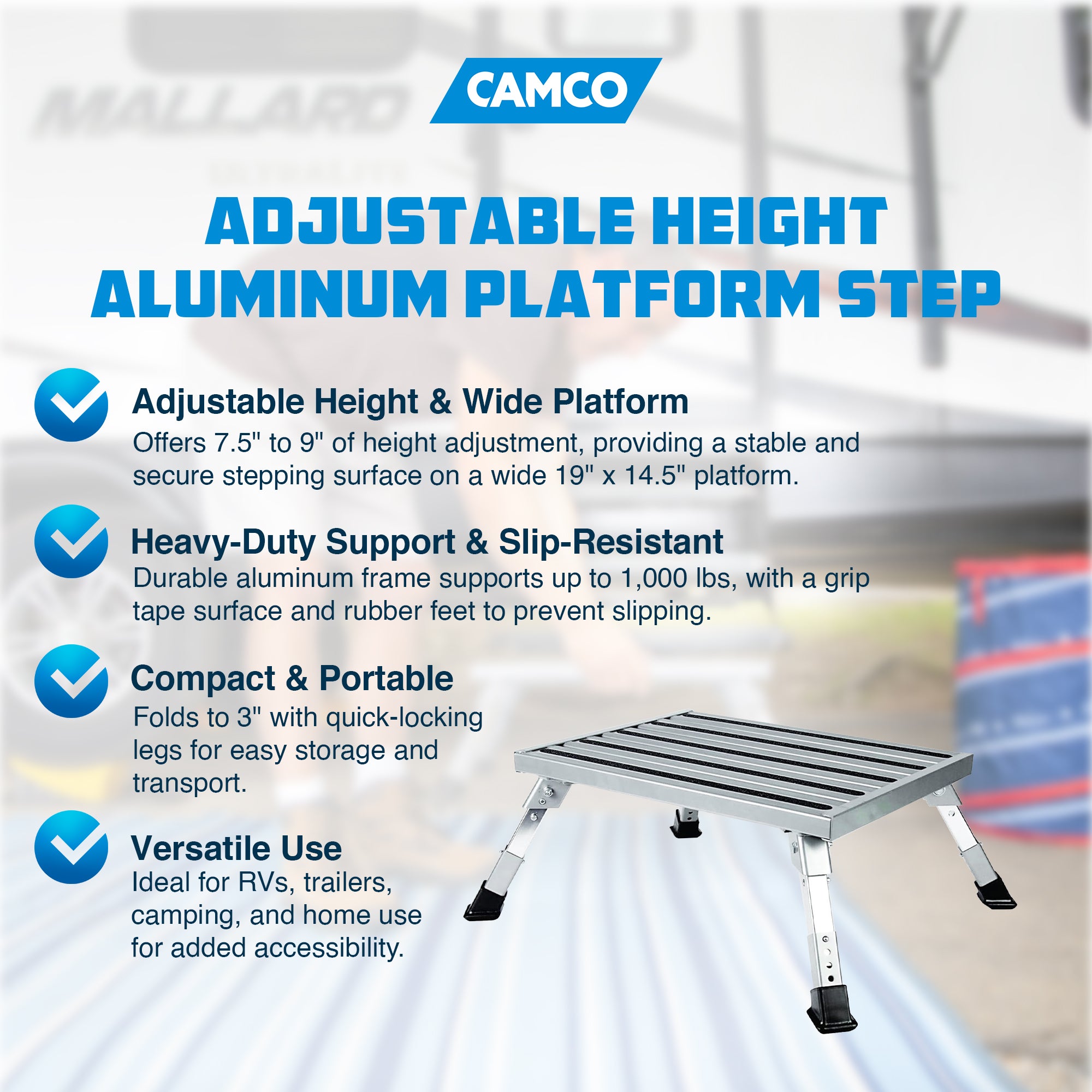 Camco Folding Aluminum Step Stool, Adjustable Height for RV and Trailers, Silver - Smart-nests