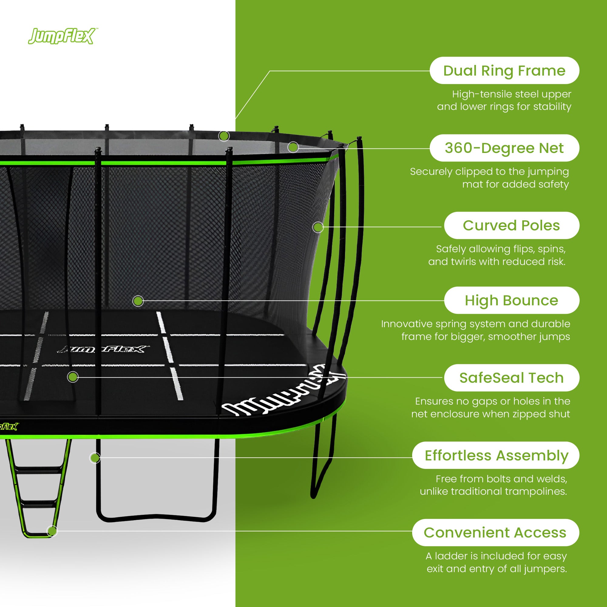 JumpFlex MEGA 17' Trampoline, Large Outdoor Jumping Play Set with Net and Ladder - Smart-nests