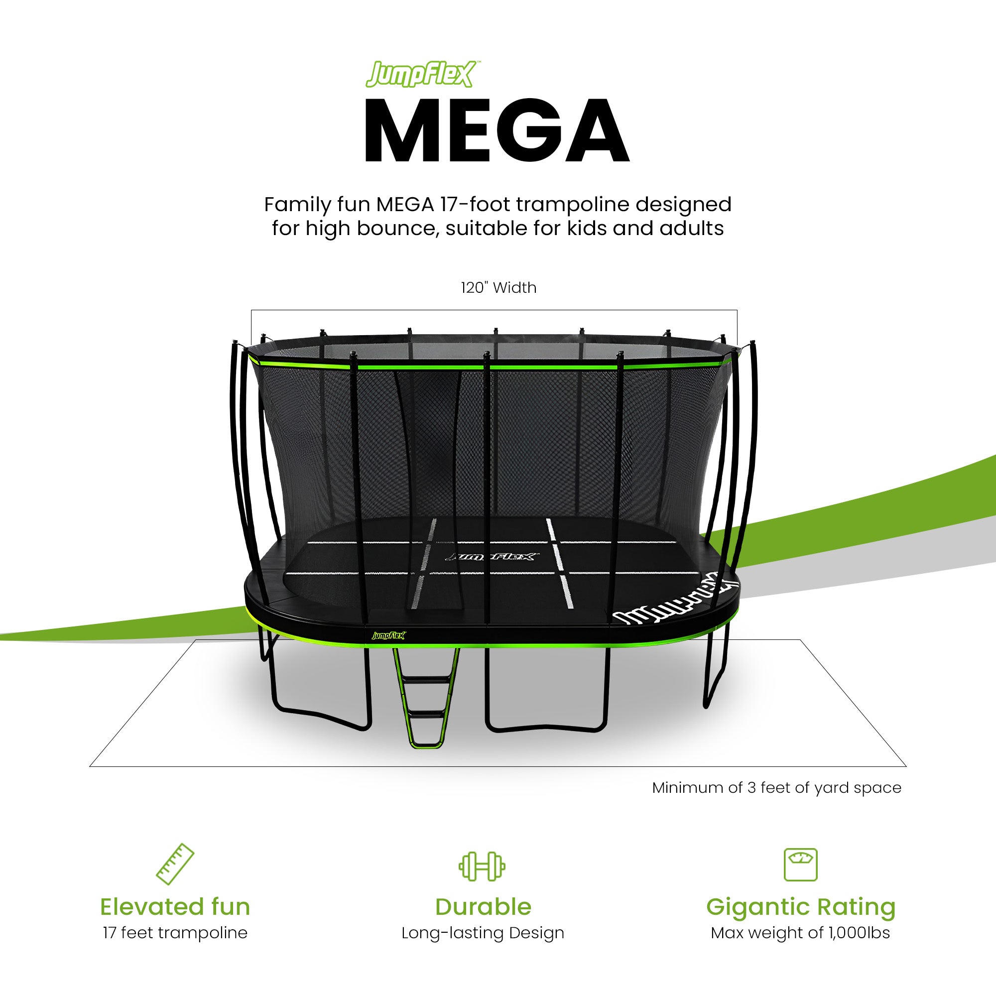 JumpFlex MEGA 17' Trampoline, Large Outdoor Jumping Play Set with Net and Ladder - Smart-nests