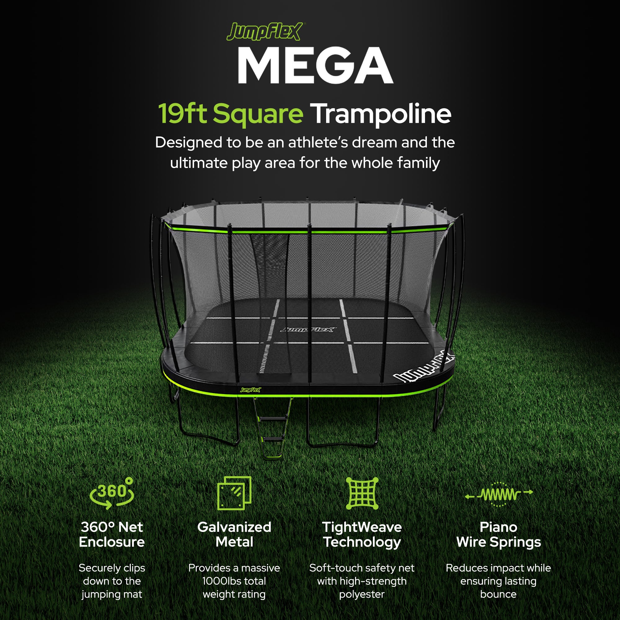 Jumpflex MEGA 19' Square Trampoline, Outdoor Play Equipment with Net & Ladder - Smart-nests