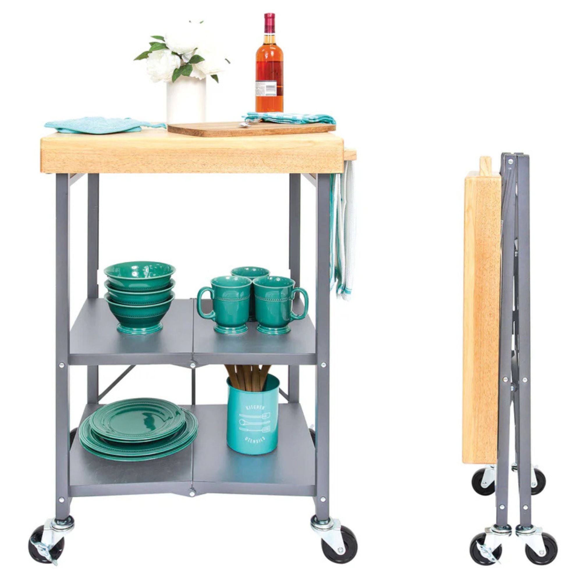 Origami Foldable Kitchen Island Cart, Wheeled Rolling Storage Cart with Shelves - Smart-nests