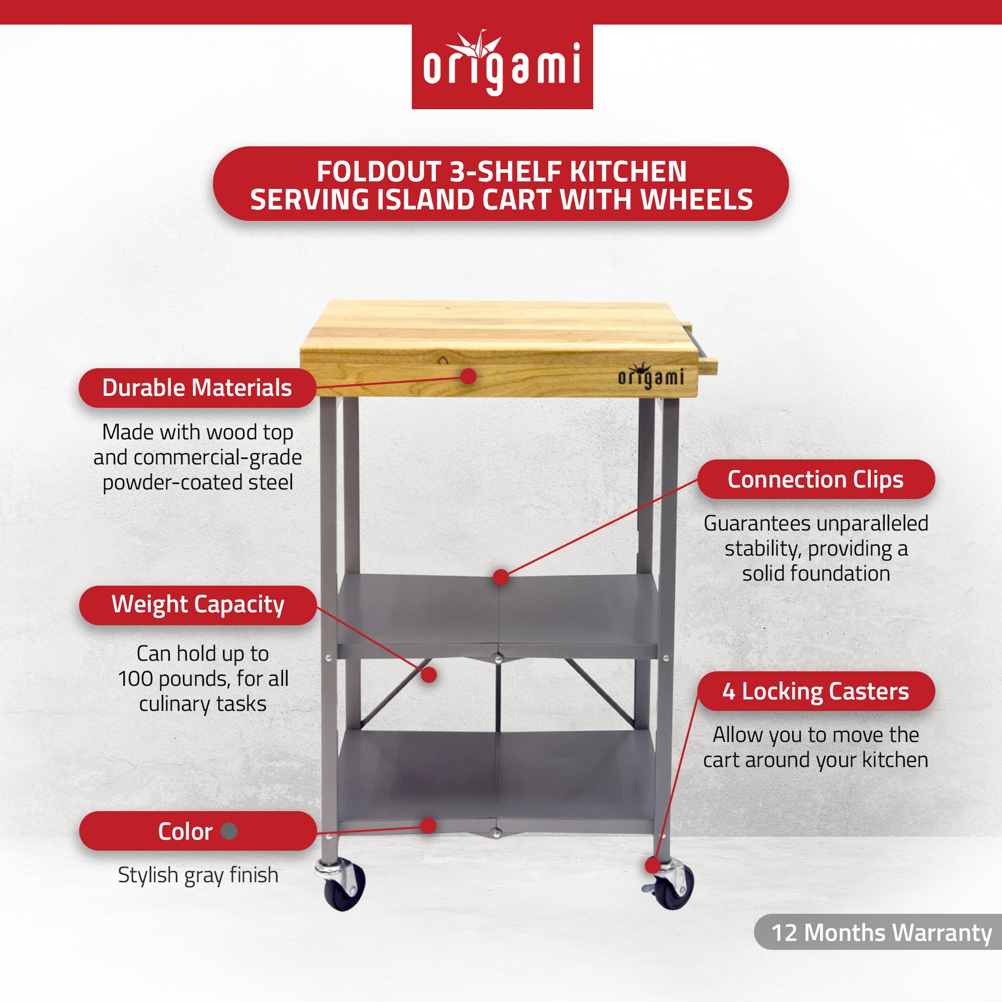 Origami Foldable Kitchen Island Cart, Wheeled Rolling Storage Cart with Shelves - Smart-nests
