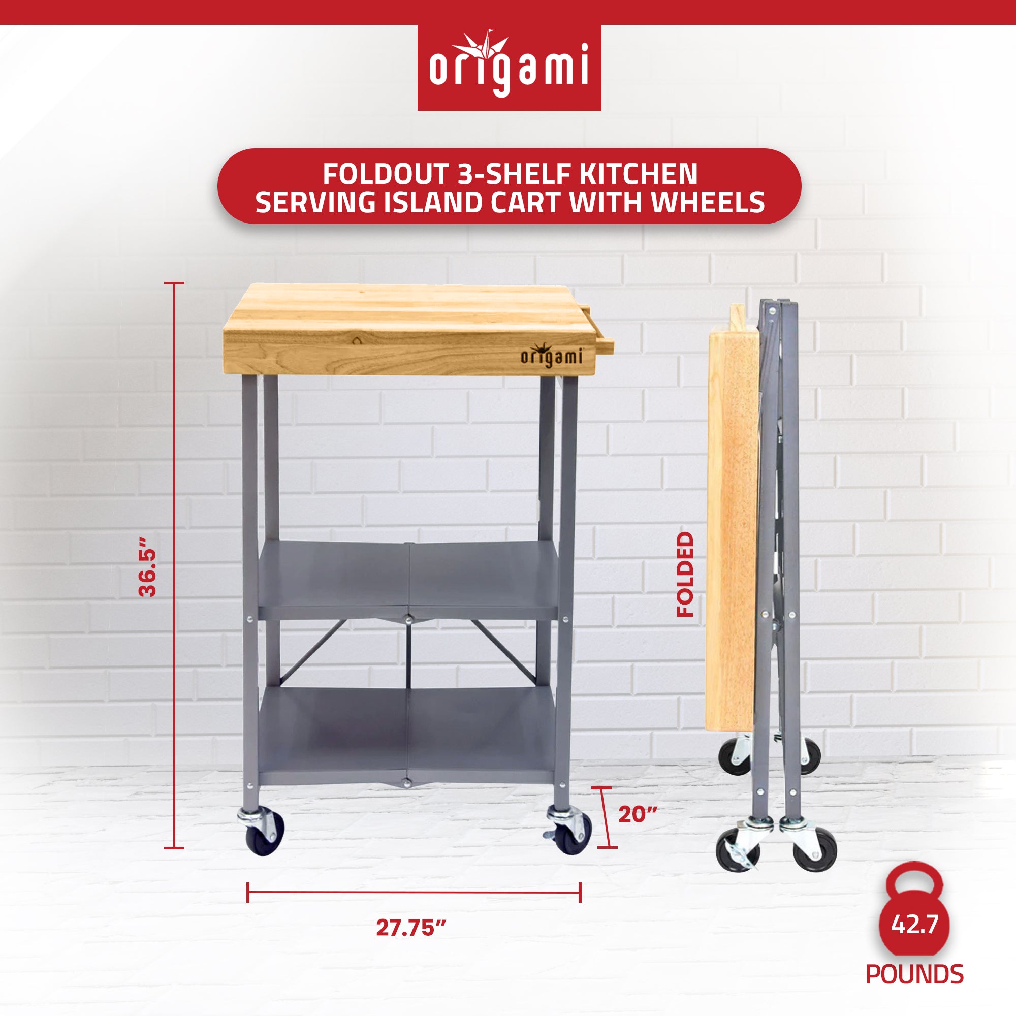Origami Foldable Kitchen Island Cart, Wheeled Rolling Storage Cart with Shelves - Smart-nests