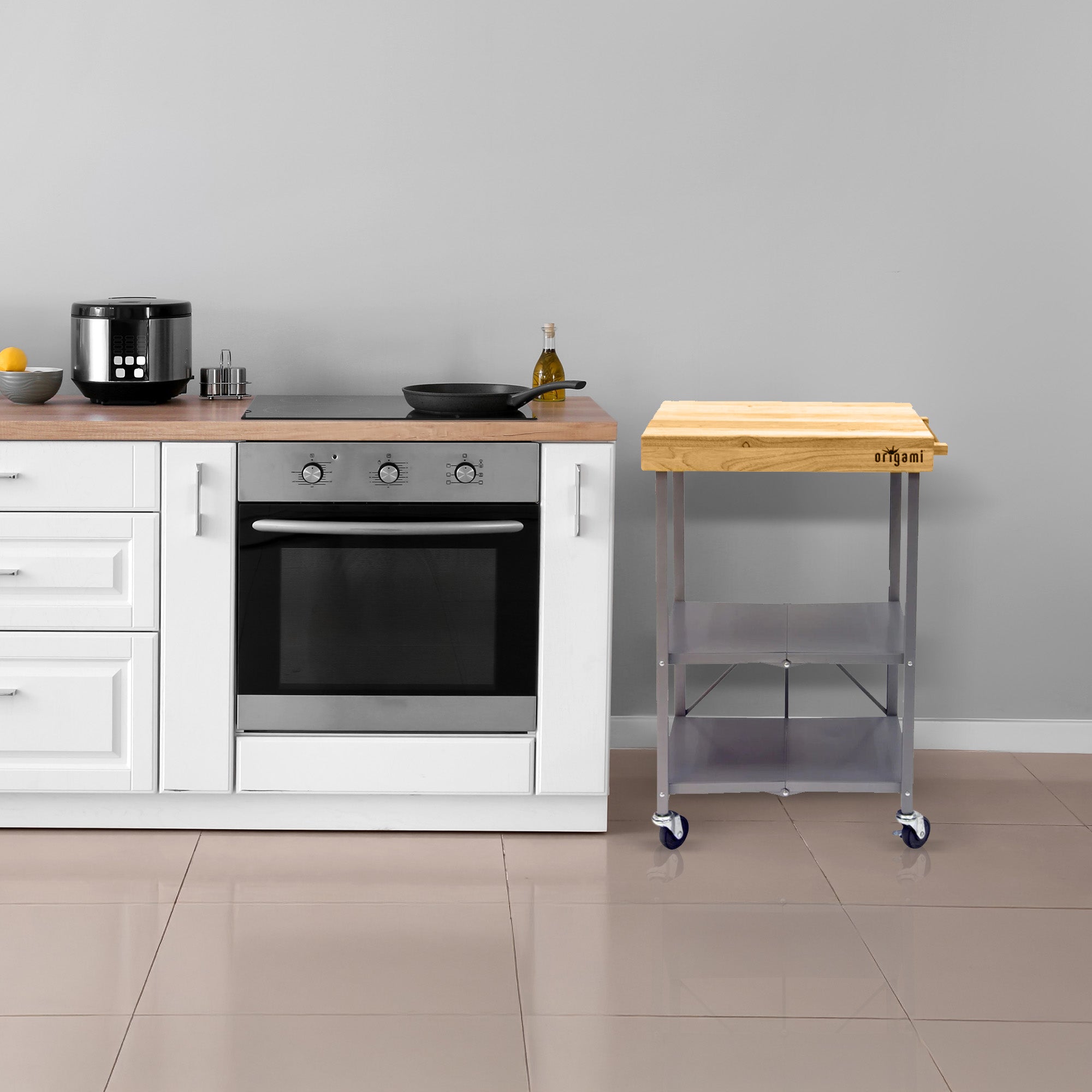 Origami Foldable Kitchen Island Cart, Wheeled Rolling Storage Cart with Shelves - Smart-nests