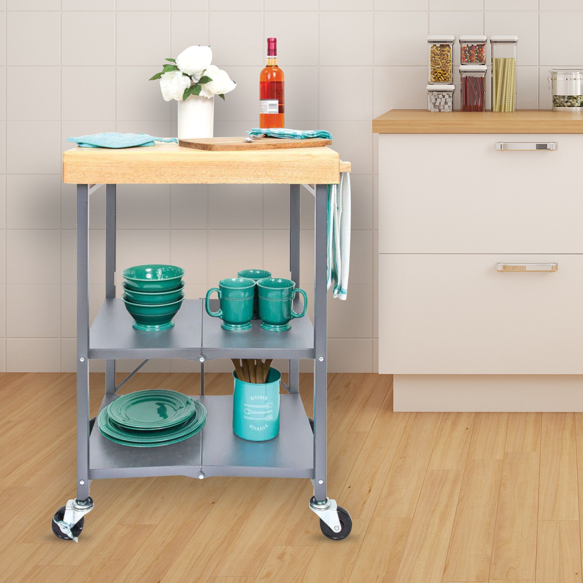 Origami Foldable Kitchen Island Cart, Wheeled Rolling Storage Cart with Shelves - Smart-nests