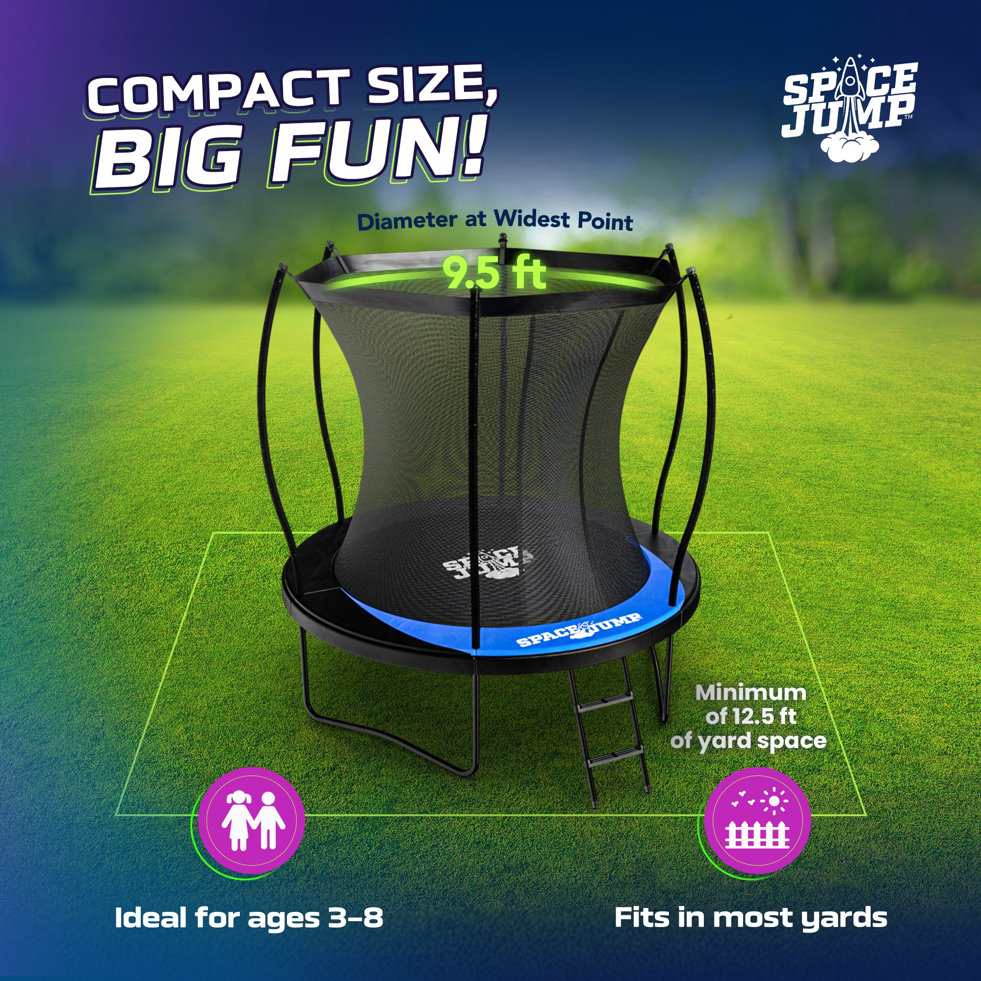 SpaceJump Lunar 8 Foot Trampoline, Outdoor Round Bouncer with Safety Net, Black - Smart-nests