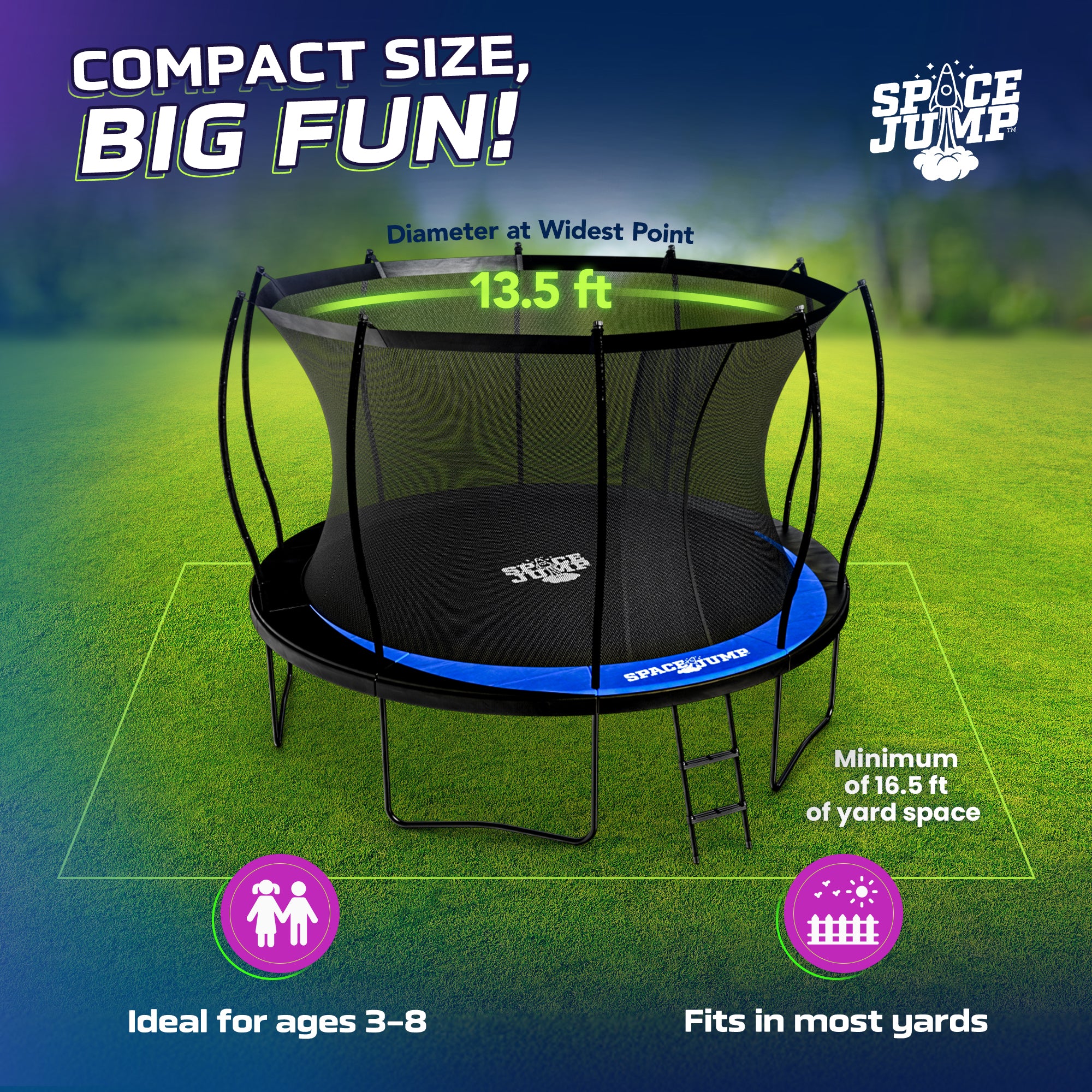 SpaceJump Lunar 12 Foot Trampoline, Outdoor Round Bouncer with Safety Net, Black - Smart-nests
