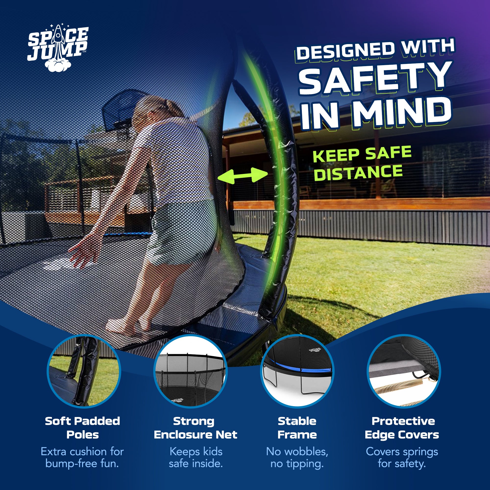 SpaceJump Lunar 12 Foot Trampoline, Outdoor Round Bouncer with Safety Net, Black - Smart-nests