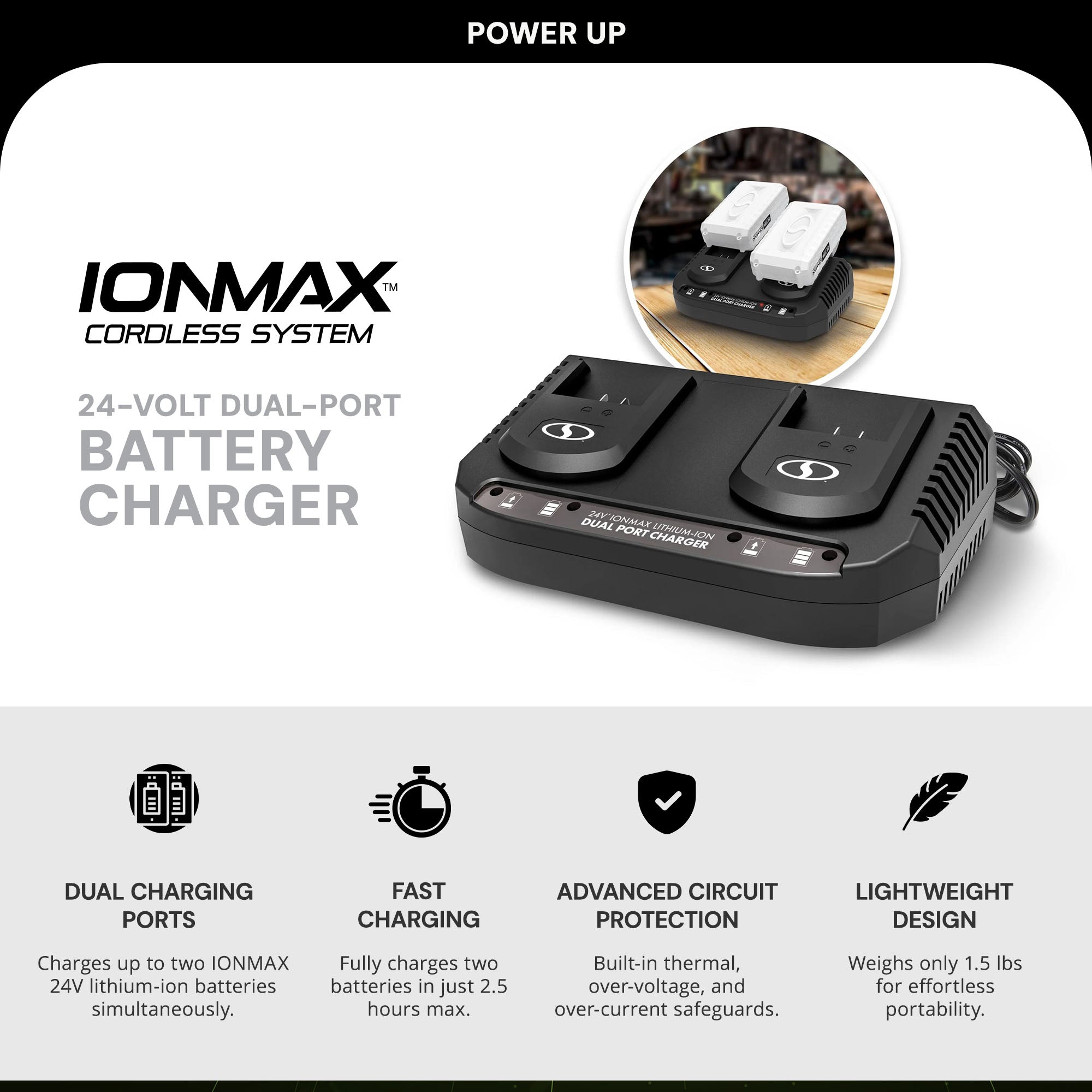 Snow Joe 24V IONMAX Dual Port Quick Charge Docking Station Charger, 24VCHRG-DPC - Smart-nests
