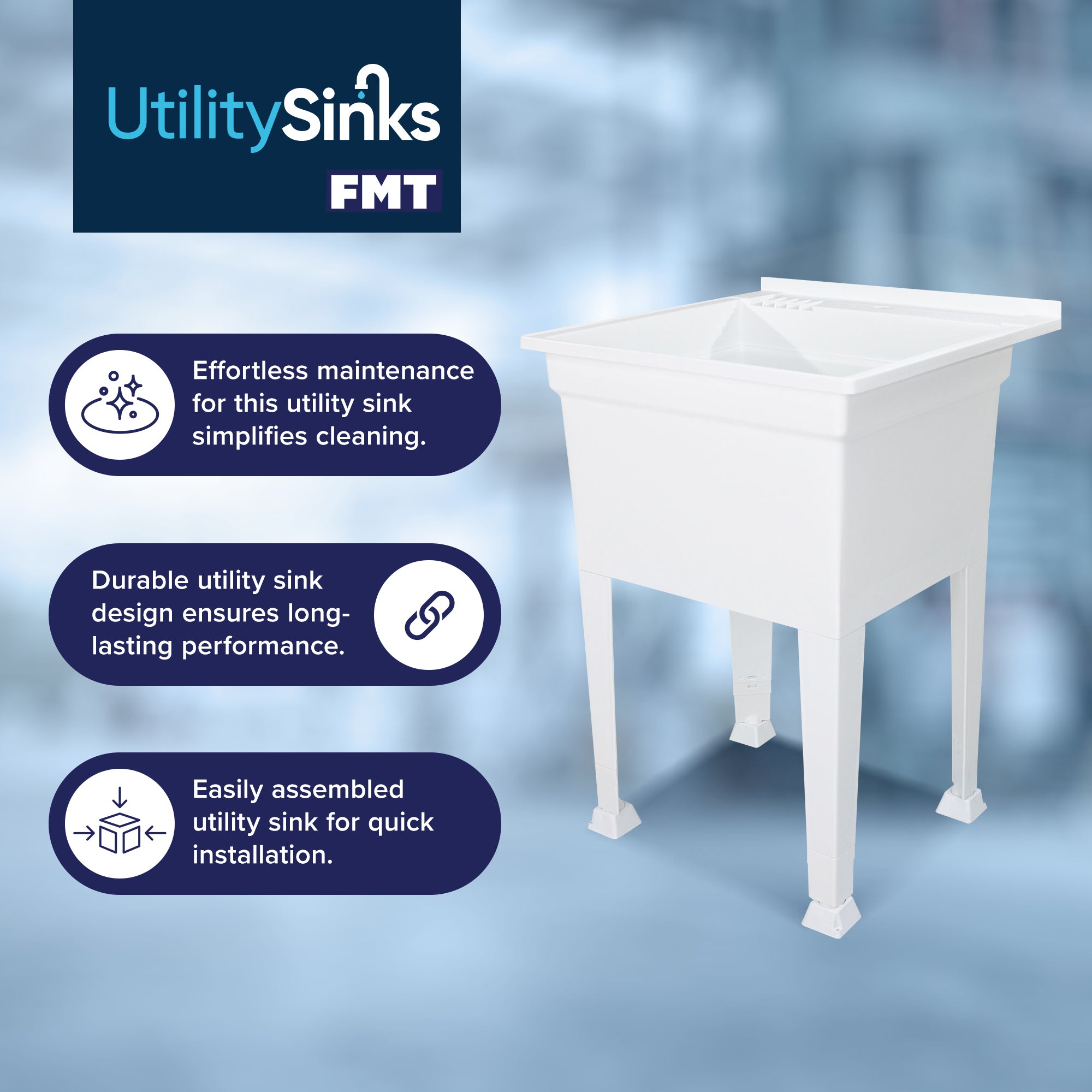 Utility Sink Heavy Duty Freestanding Utility Tub Sink, 24 x 24 Inches, White - Smart-nests