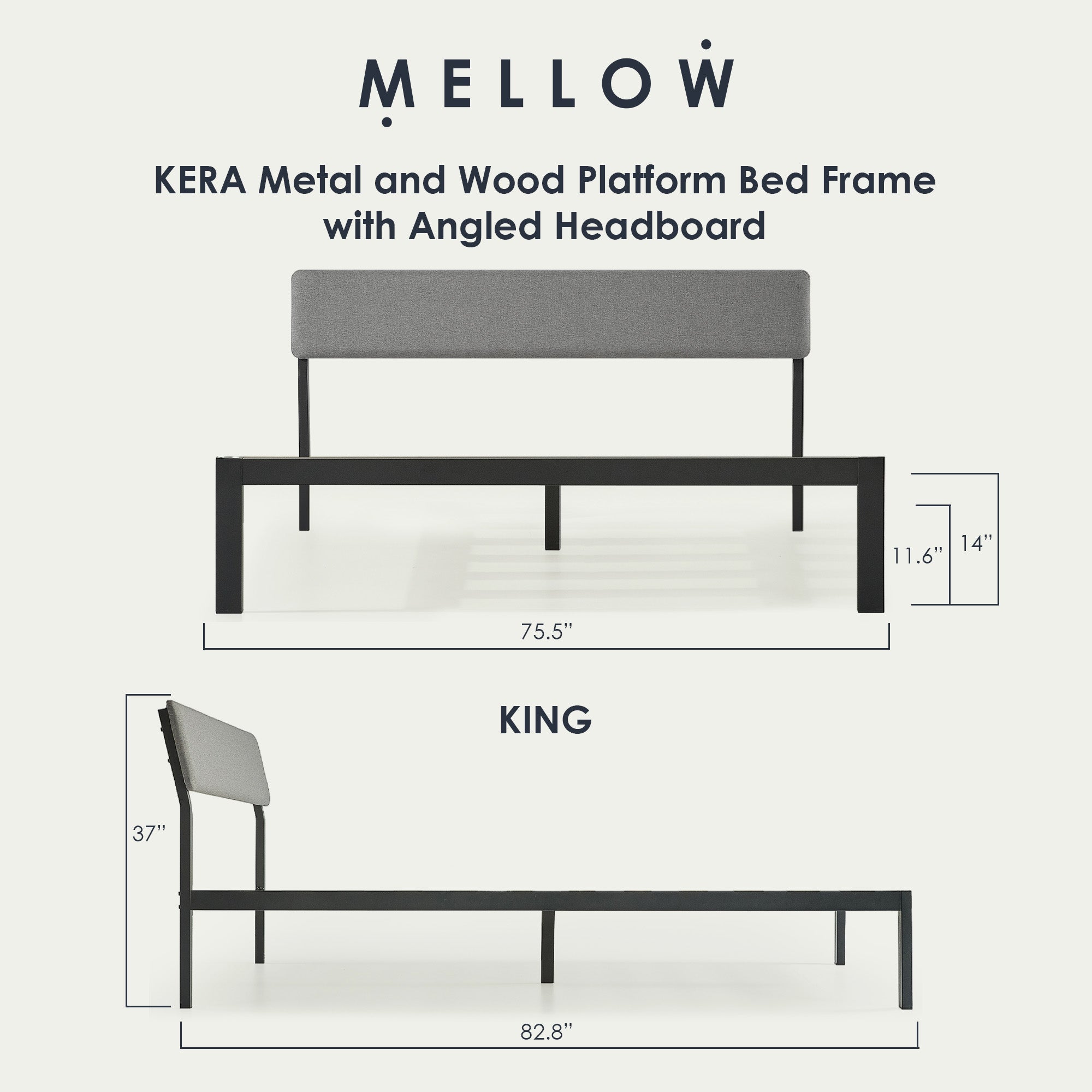 Mellow KERA Metal and Wood Platform Bed Frame with Angled Headboard, King, Black - Smart-nests
