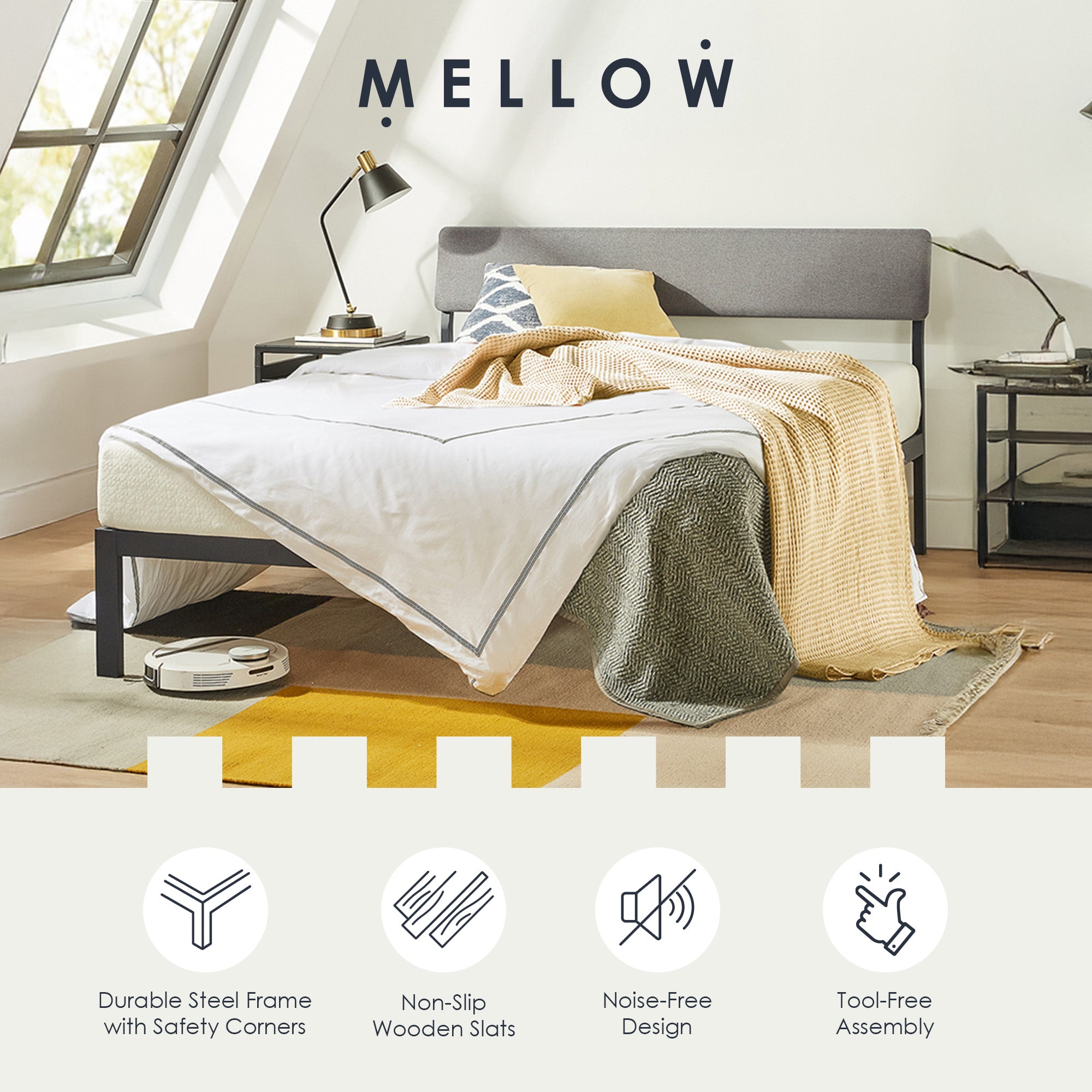 Mellow KERA Metal and Wood Platform Bed Frame with Angled Headboard, King, Black - Smart-nests