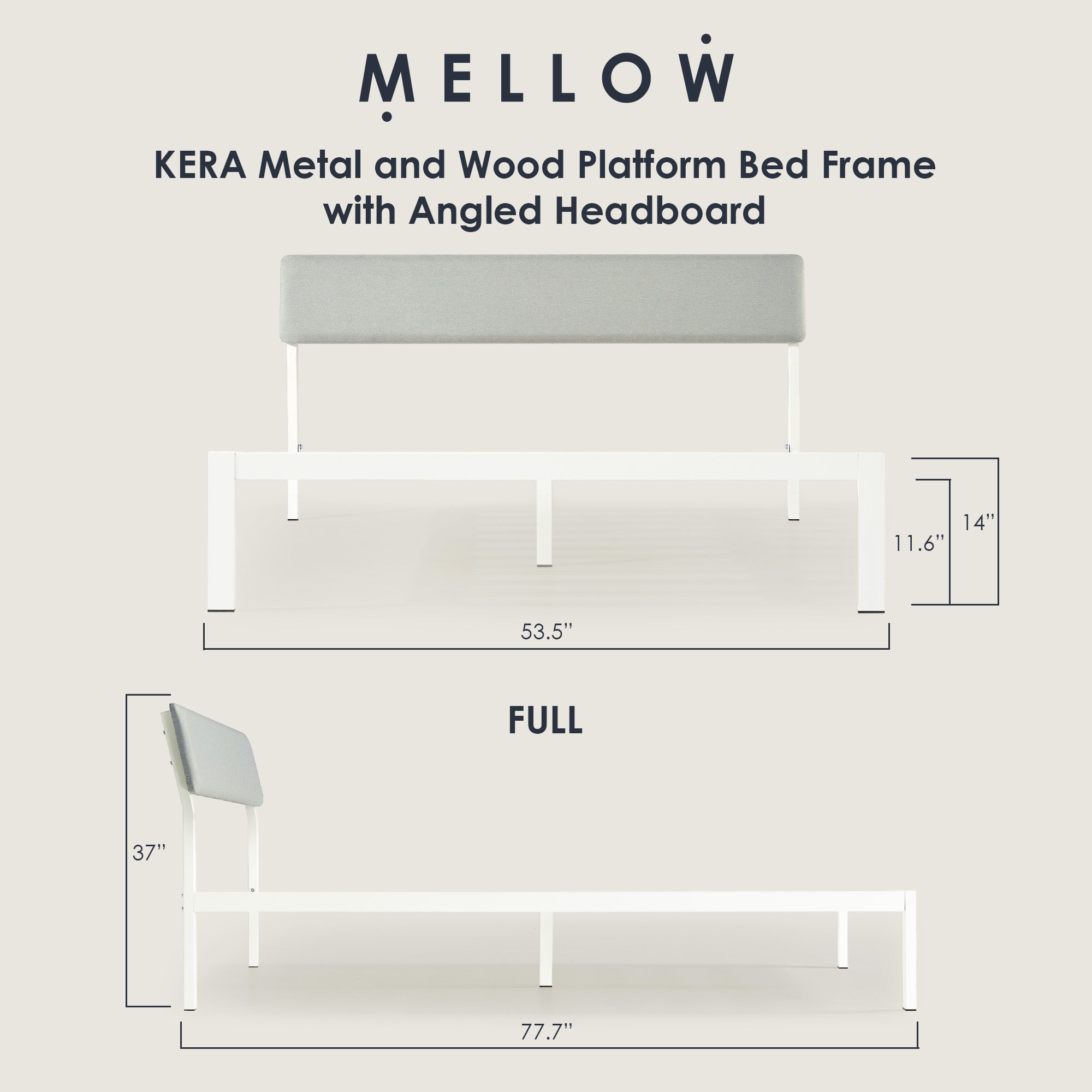 Mellow KERA Metal and Wood Platform Bed Frame with Angled Headboard, Full, White - Smart-nests