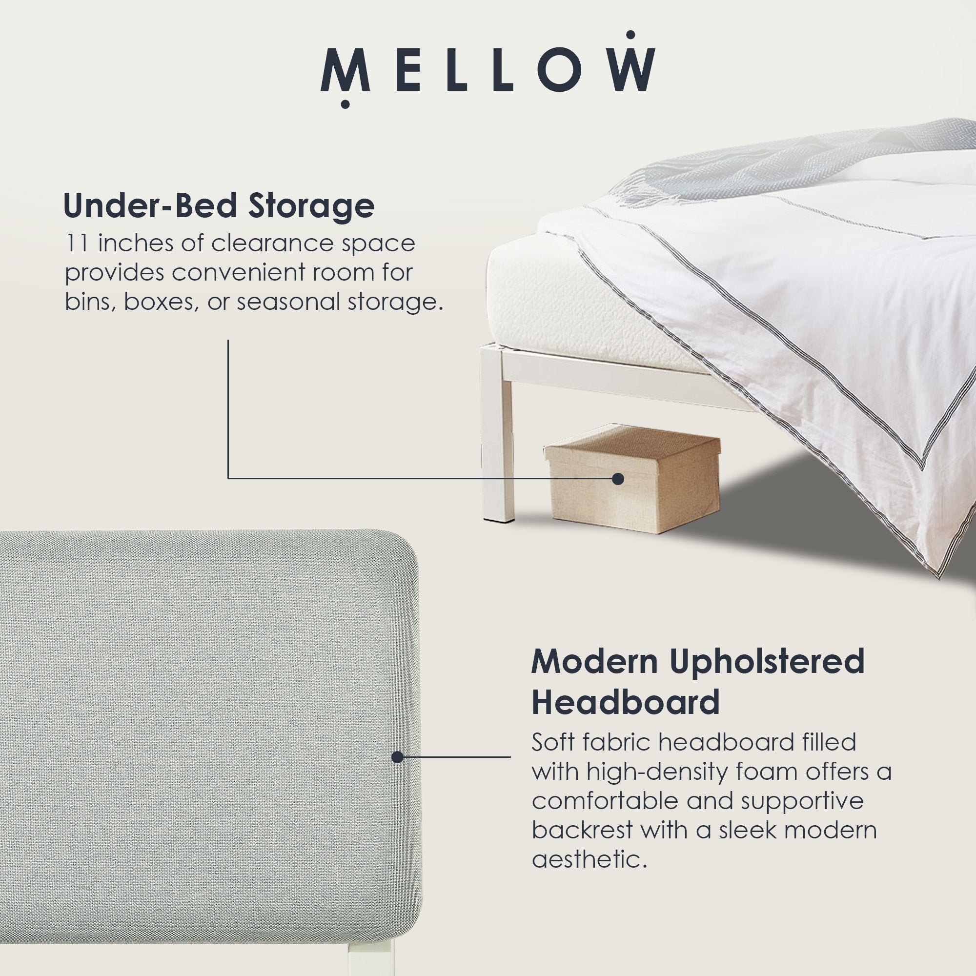 Mellow KERA Metal and Wood Platform Bed Frame with Angled Headboard, Full, White - Smart-nests