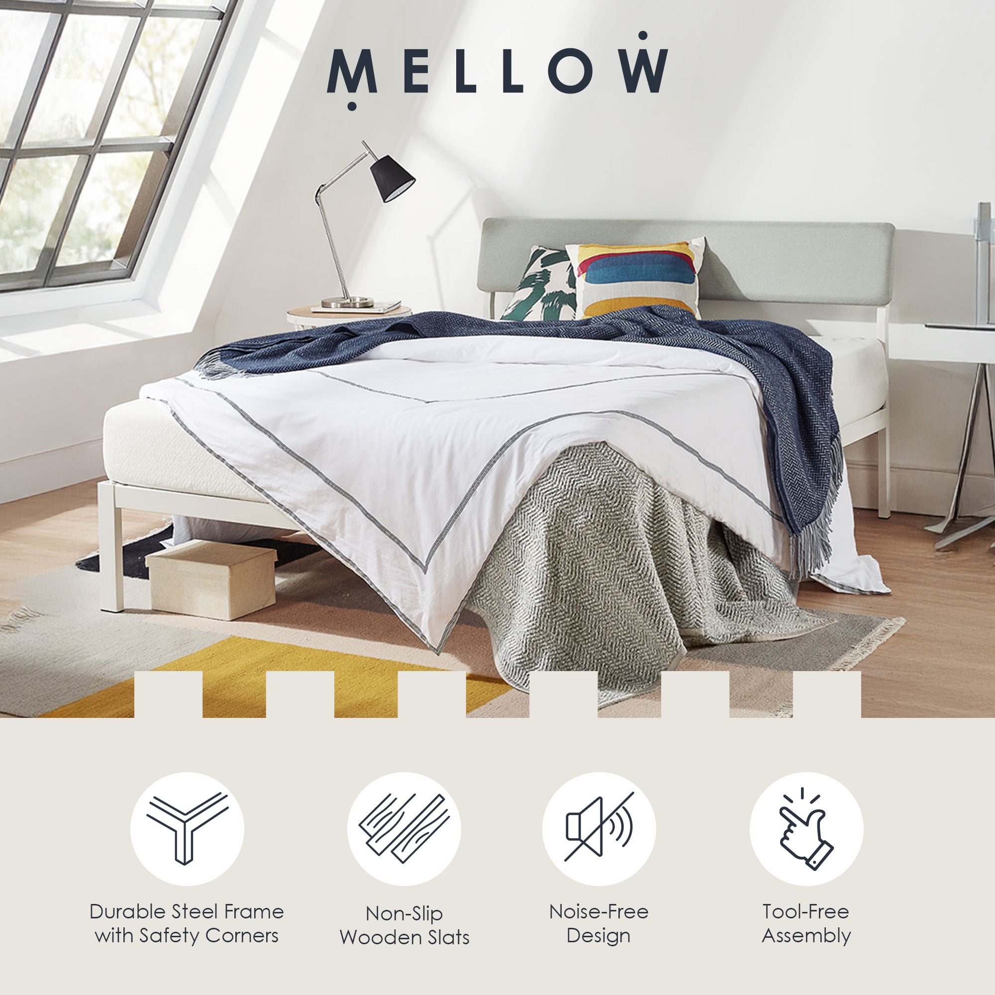 Mellow KERA Metal and Wood Platform Bed Frame with Angled Headboard, Full, White - Smart-nests