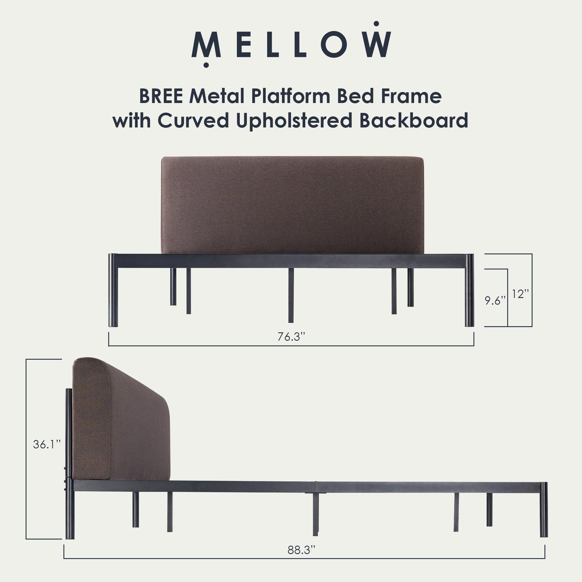 Mellow BREE Metal Platform Bed Frame with Curved Upholstered Backboard, King - Smart-nests