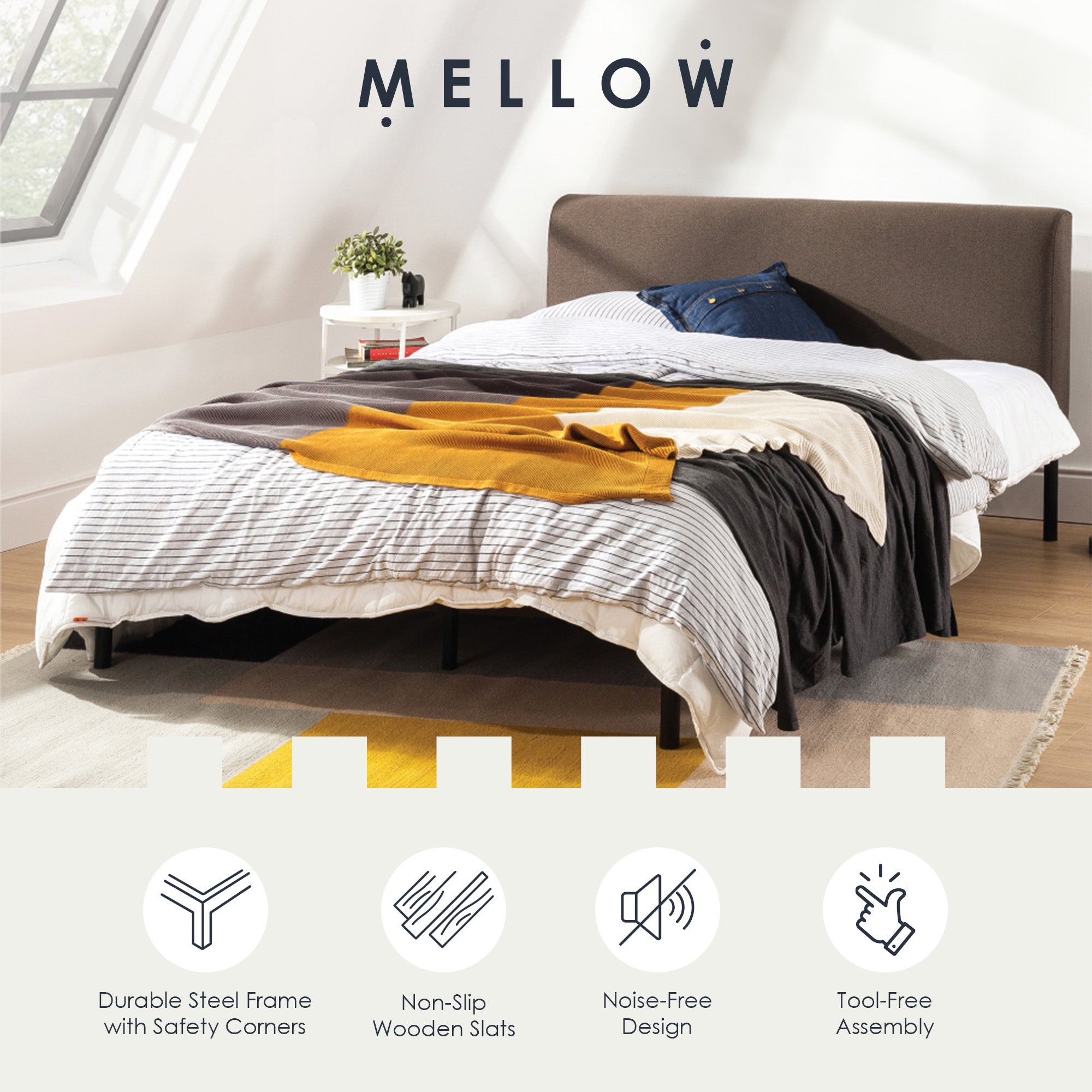 Mellow BREE Metal Platform Bed Frame with Curved Upholstered Backboard, King - Smart-nests