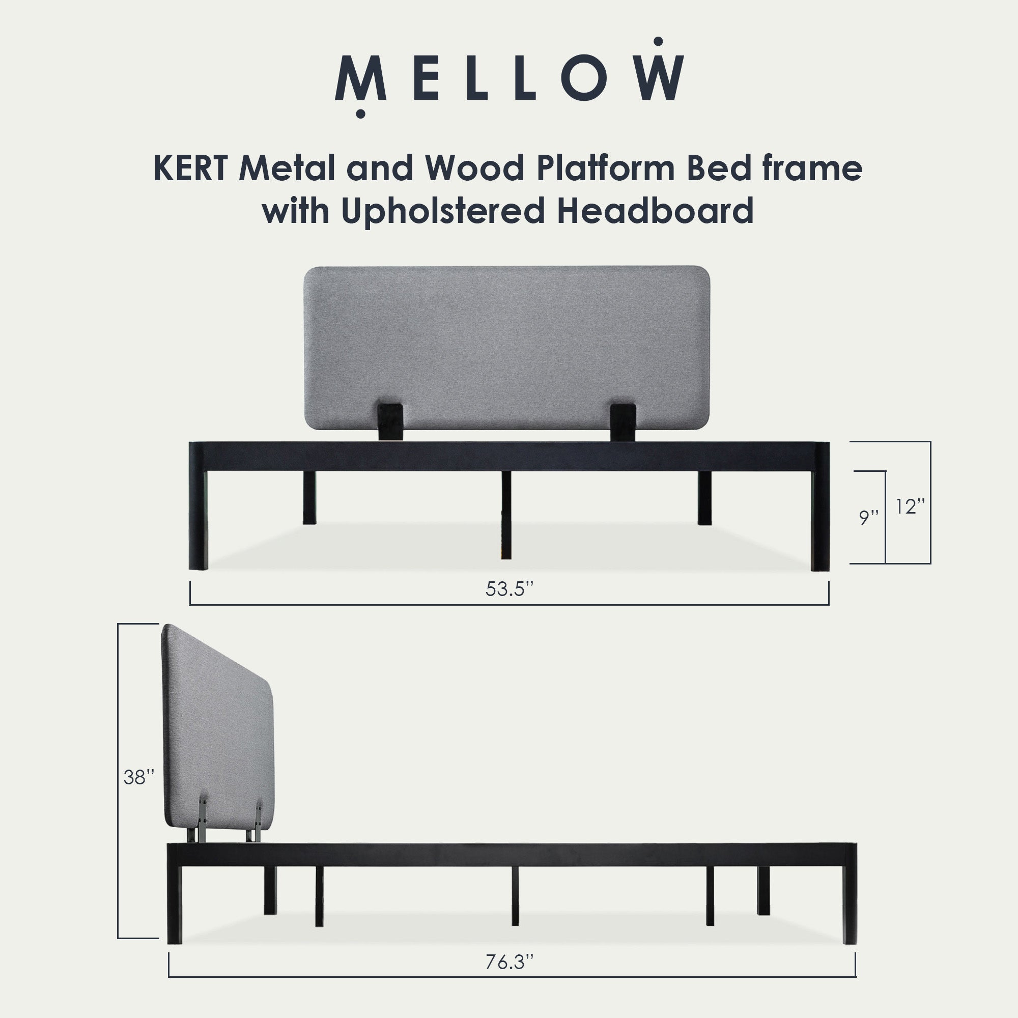 Mellow KERT Metal and Wood Platform Bed Frame with Upholstered Headboard, Full - Smart-nests