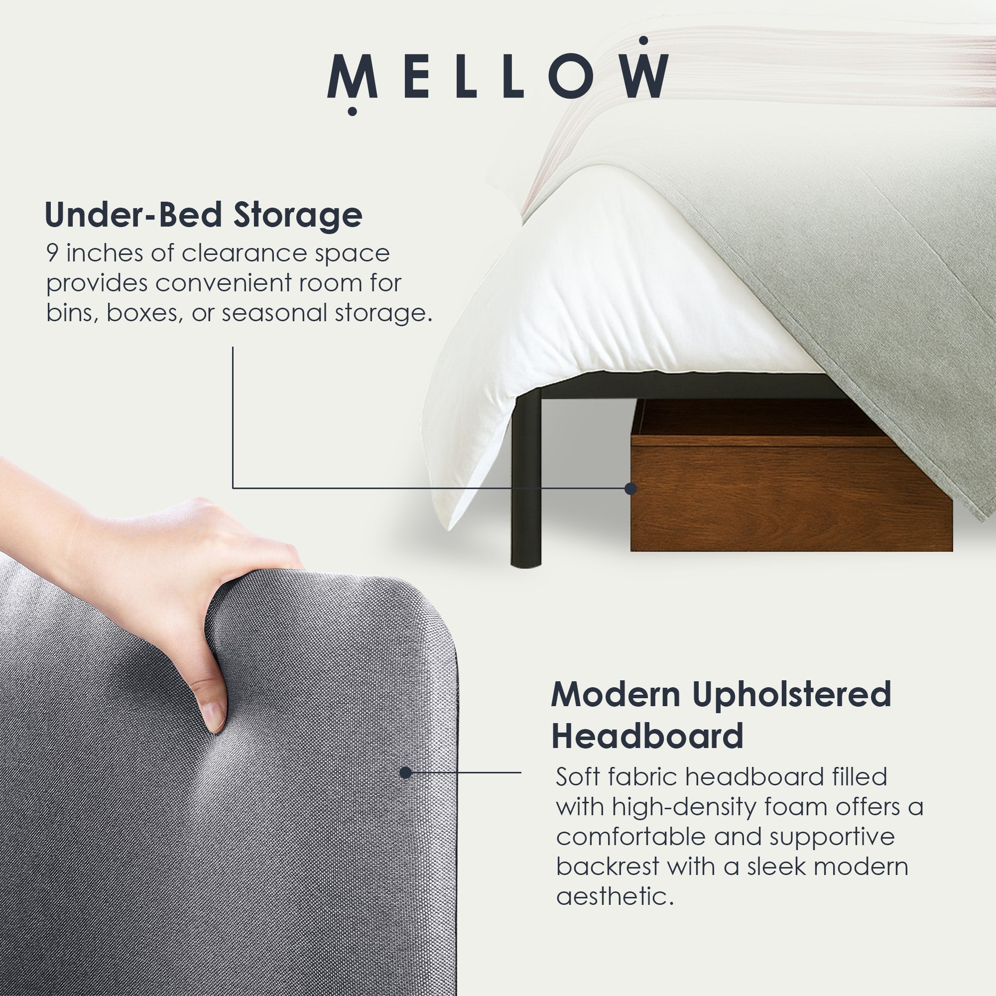 Mellow KERT Metal and Wood Platform Bed Frame with Upholstered Headboard, Full - Smart-nests