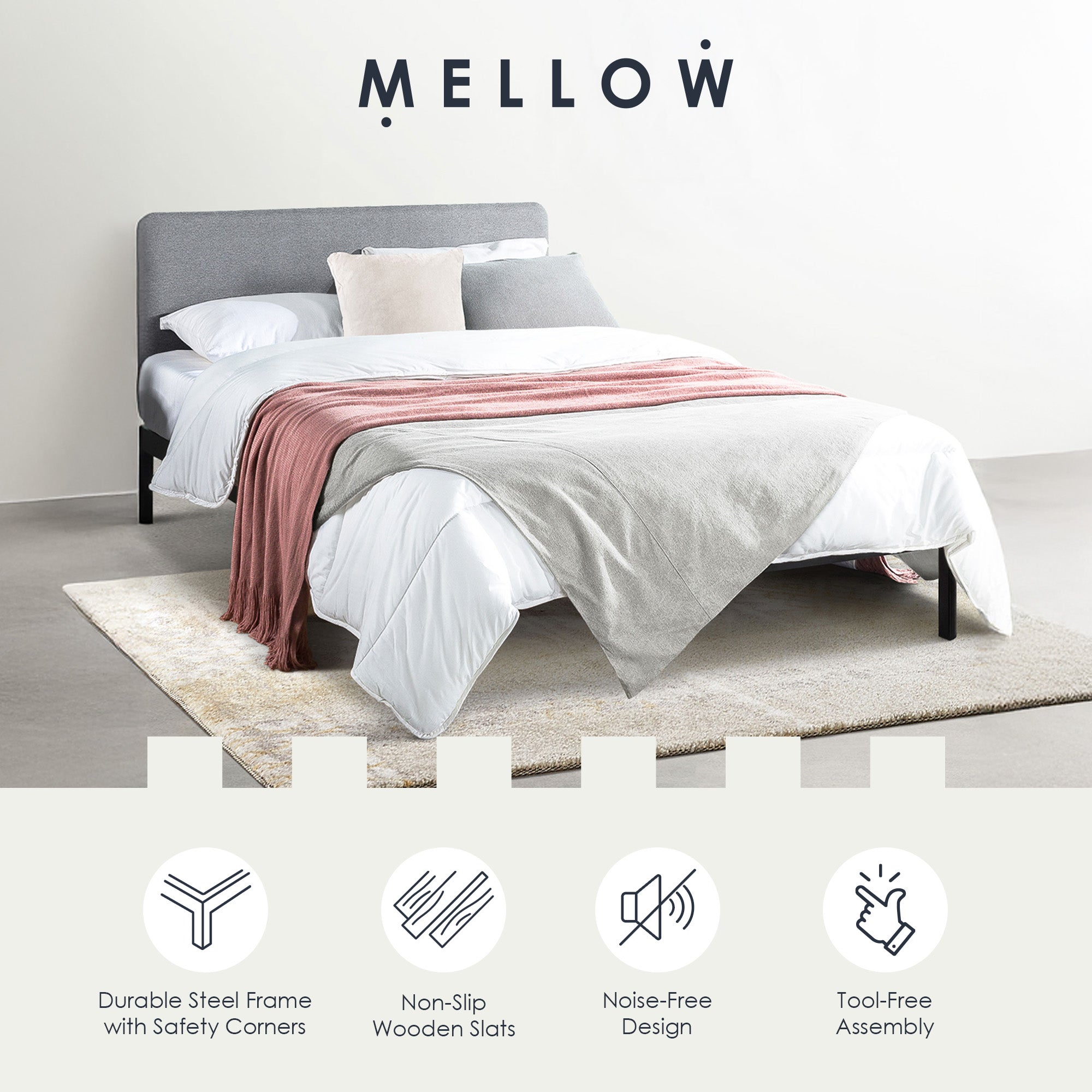 Mellow KERT Metal and Wood Platform Bed Frame with Upholstered Headboard, Full - Smart-nests