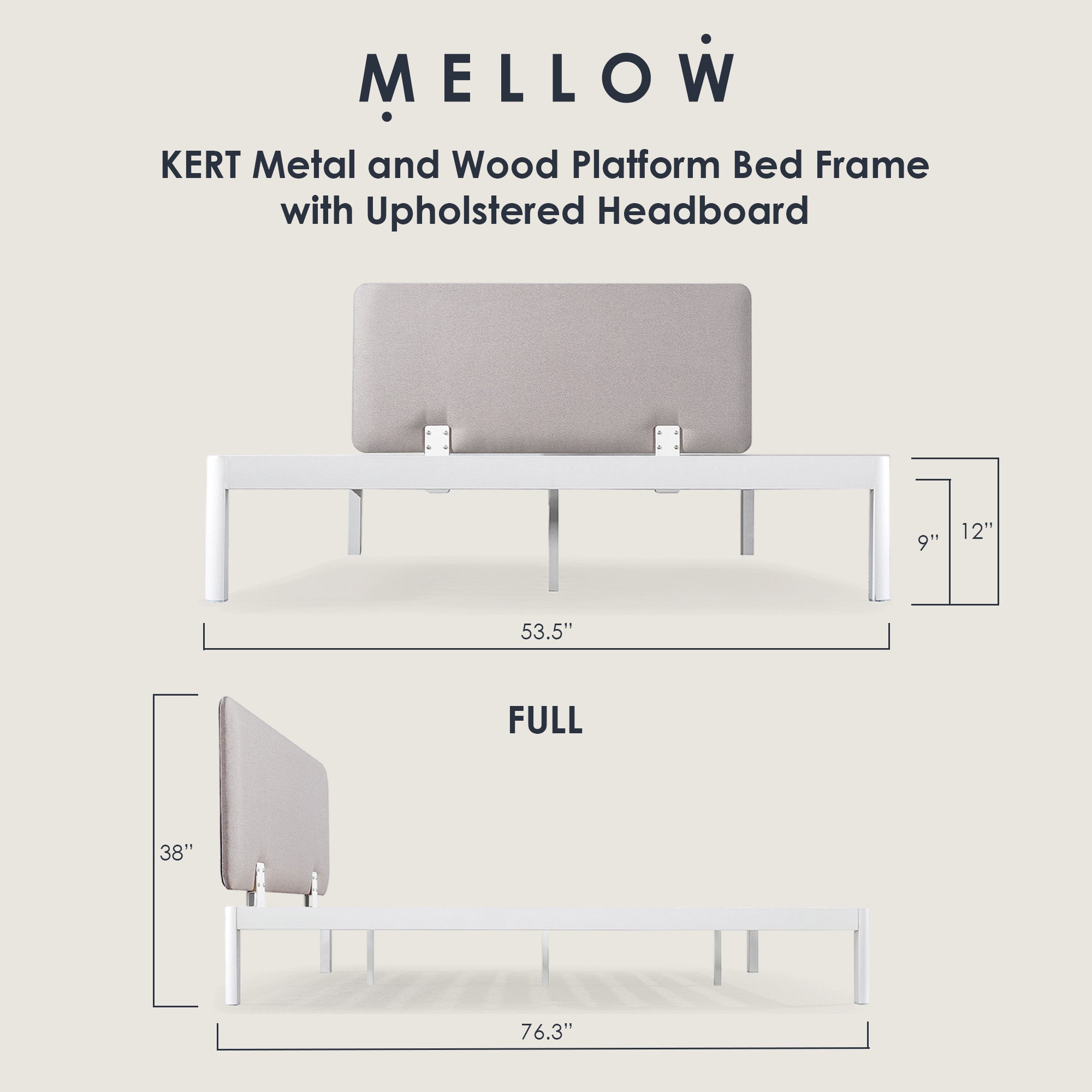 Mellow KERT Metal and Wood Platform Bed Frame with Upholstered Headboard, Full - Smart-nests