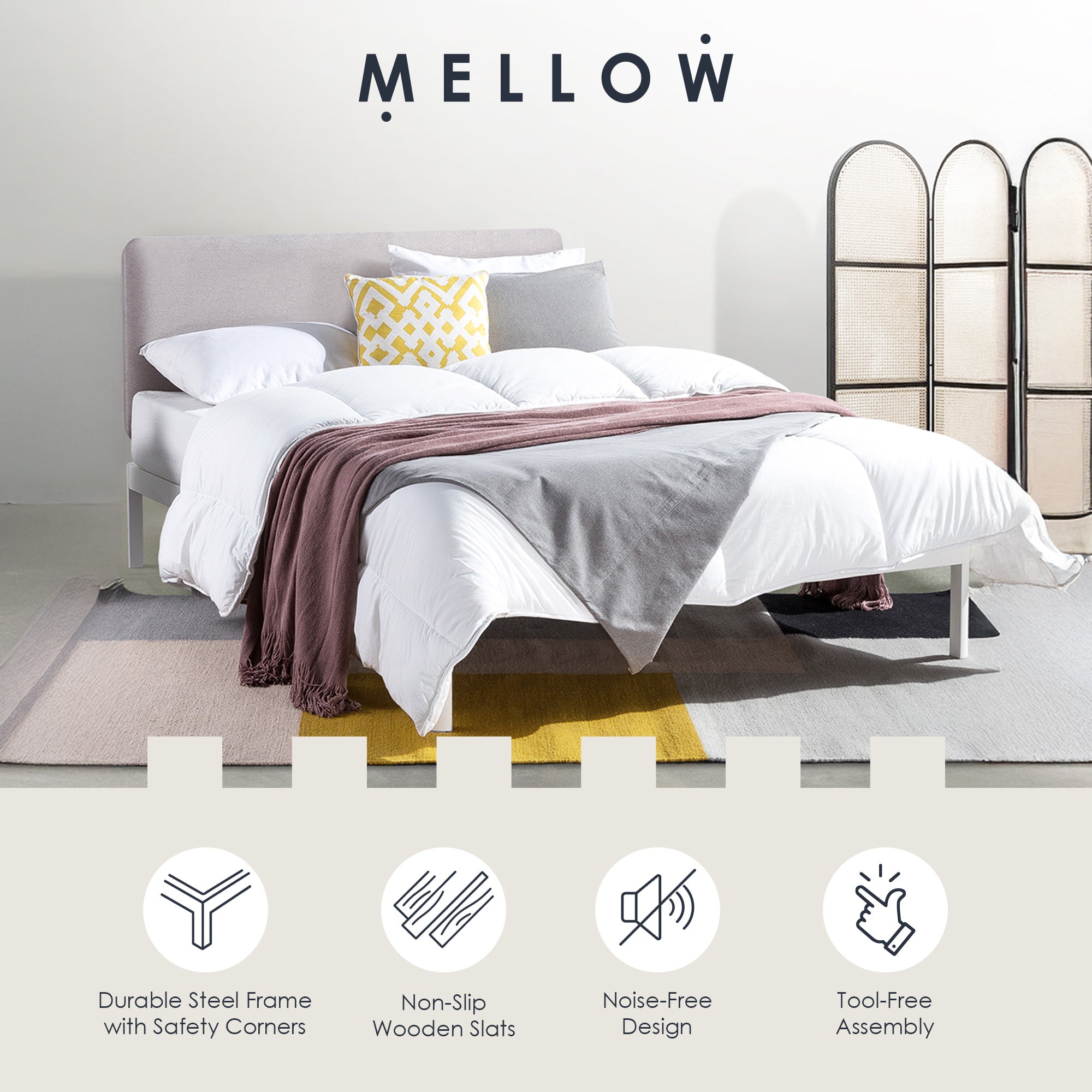 Mellow KERT Metal and Wood Platform Bed Frame with Upholstered Headboard, Full - Smart-nests