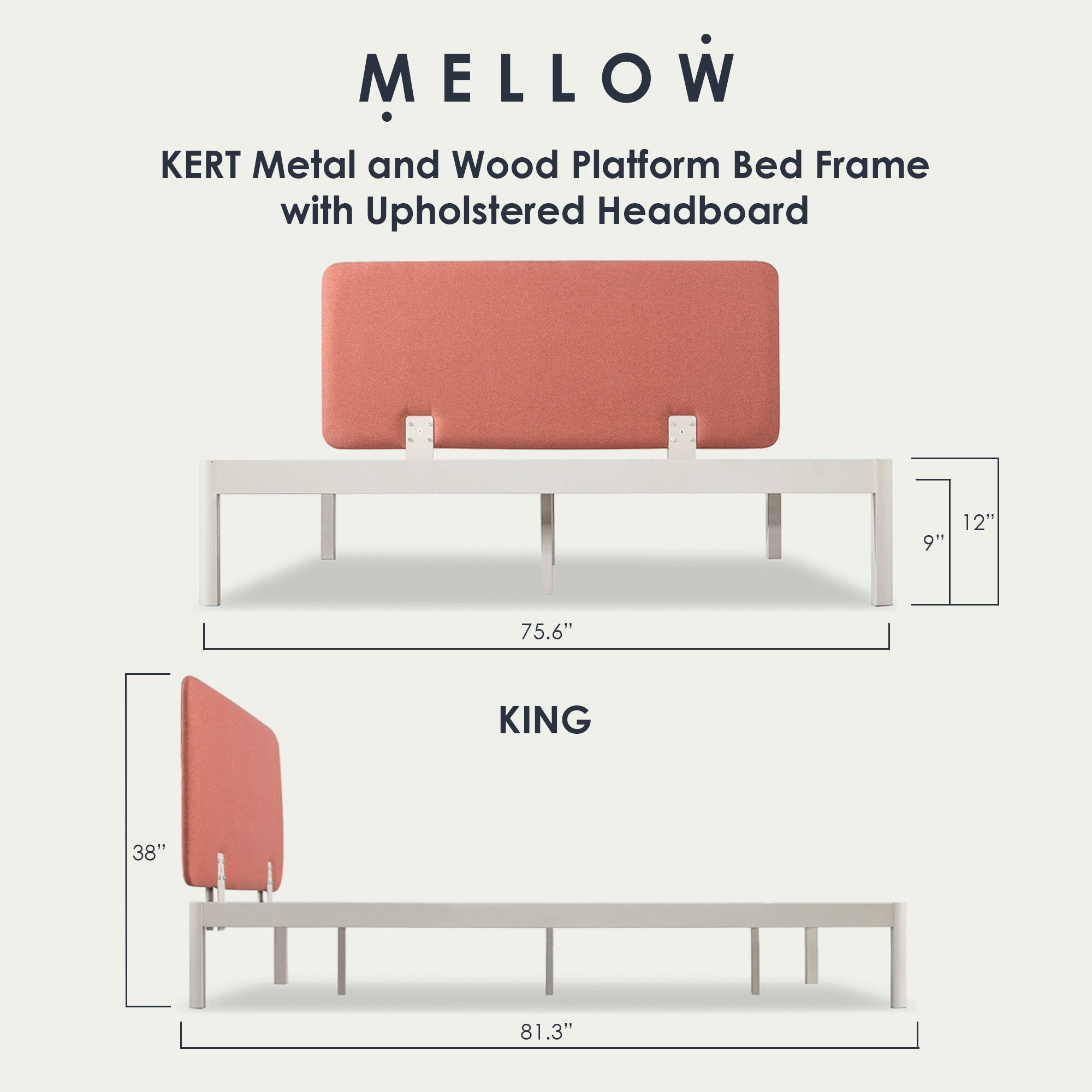 Mellow KERT Metal and Wood Platform Bed Frame with Upholstered Headboard, King - Smart-nests
