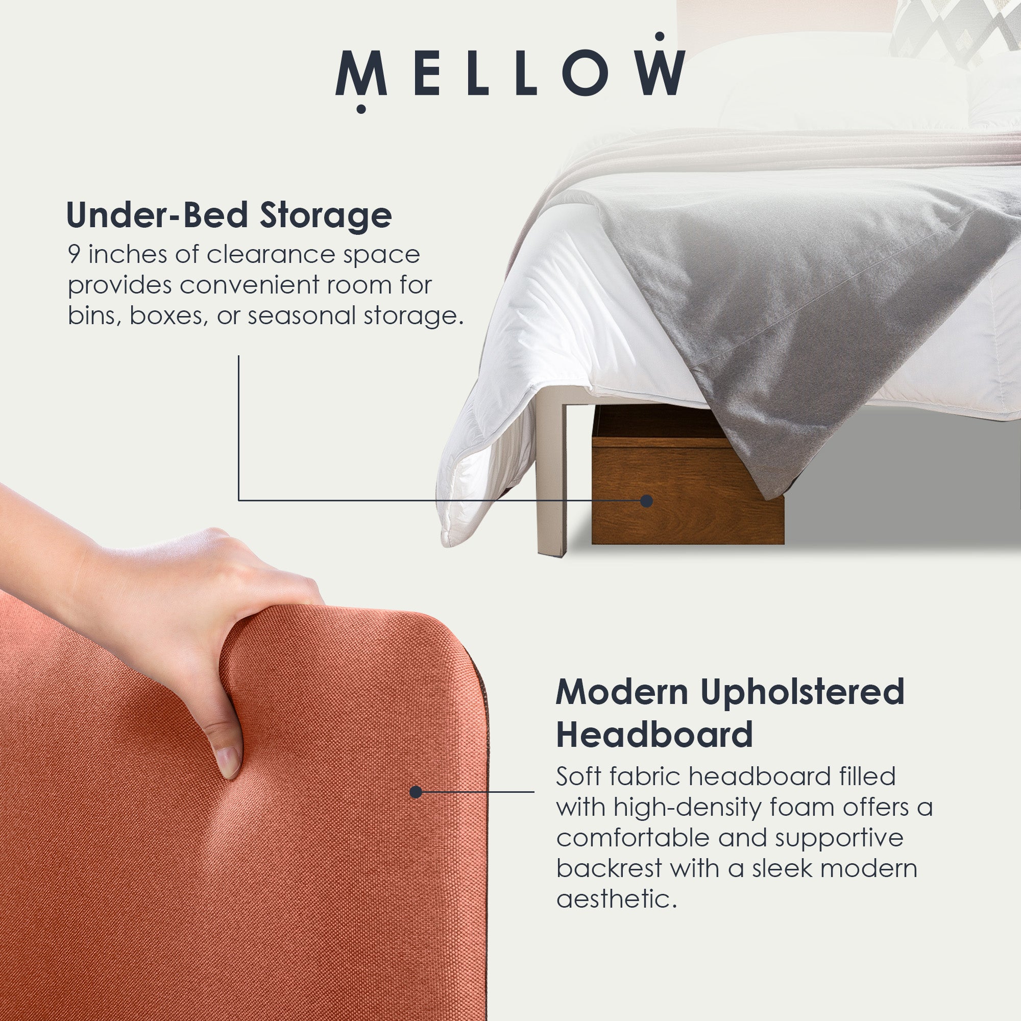 Mellow KERT Metal and Wood Platform Bed Frame with Upholstered Headboard, King - Smart-nests