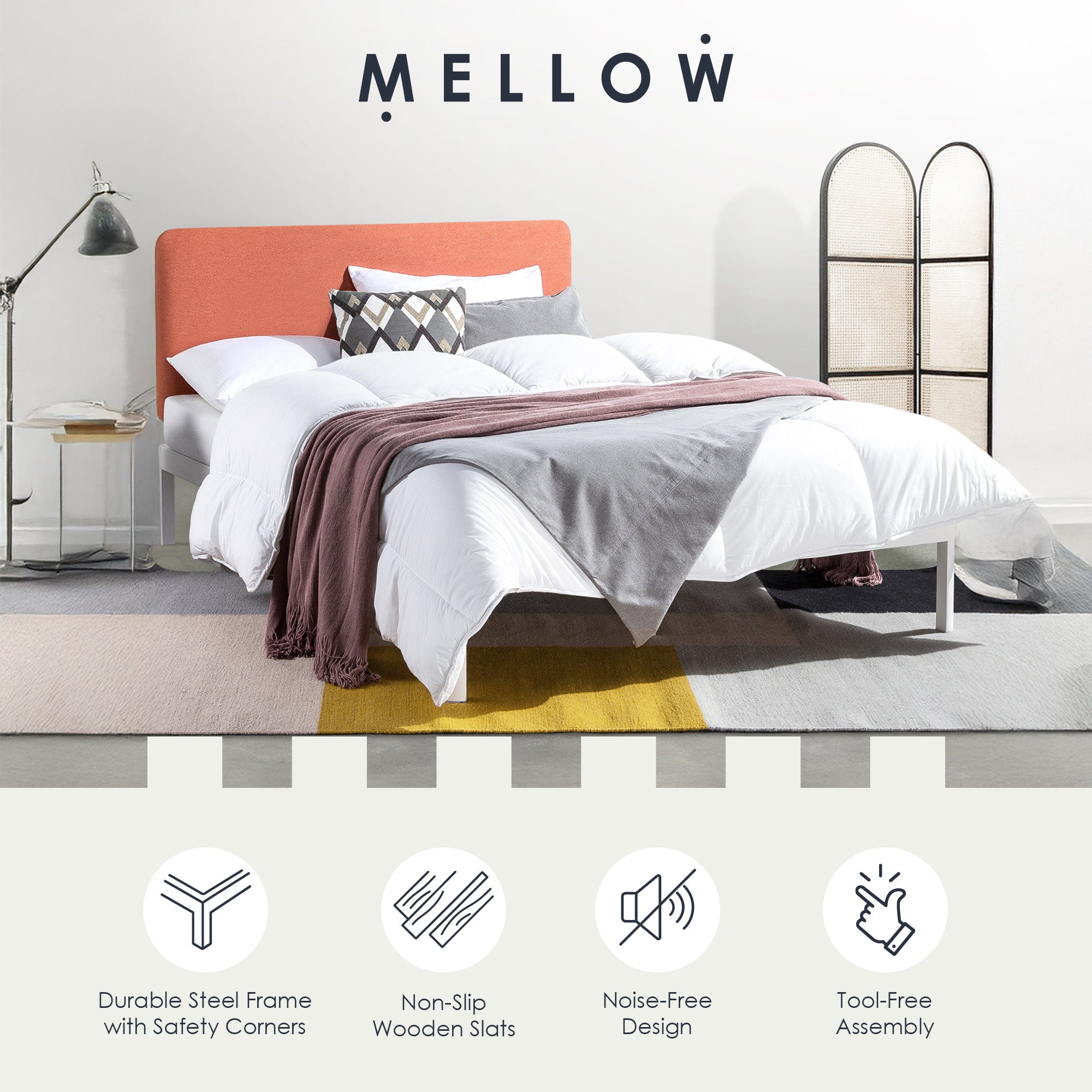 Mellow KERT Metal and Wood Platform Bed Frame with Upholstered Headboard, King - Smart-nests