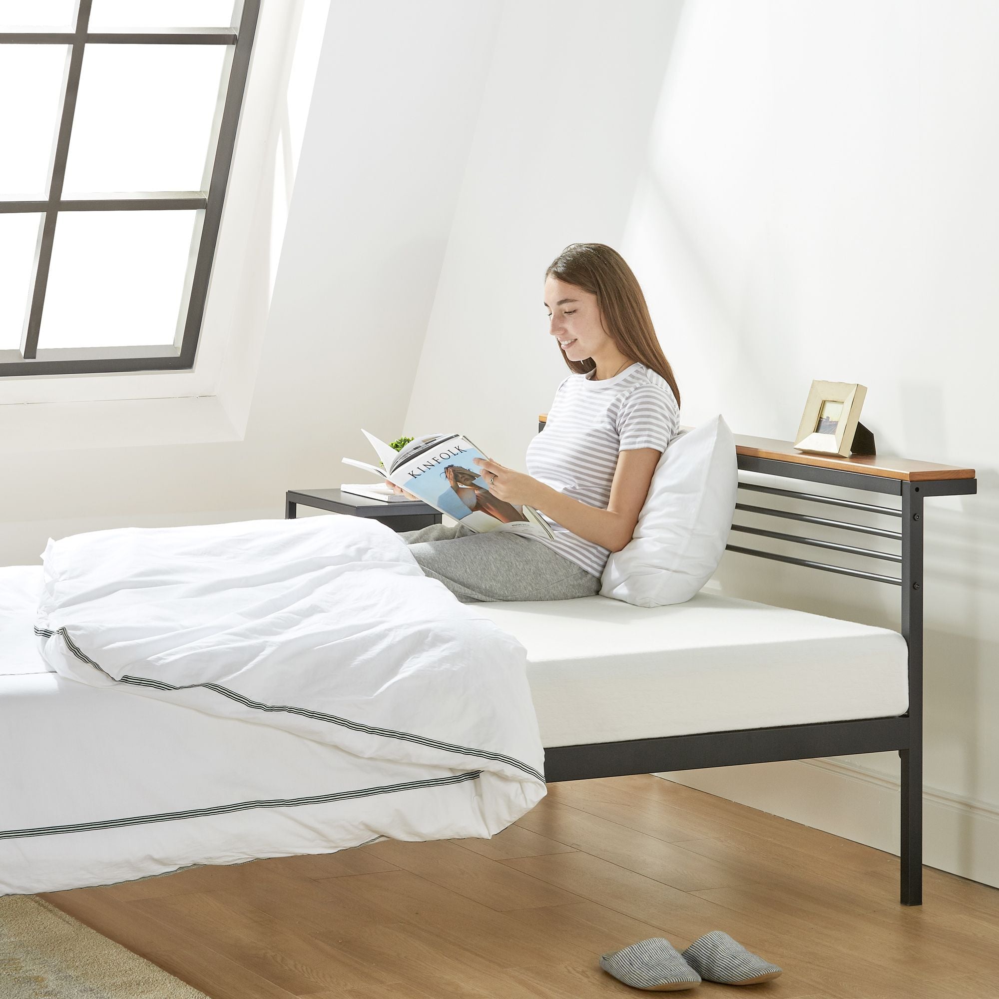 Mellow HYLLE Metal & Wood Platform Bed Frame with Low Headboard Shelf, Twin - Smart-nests