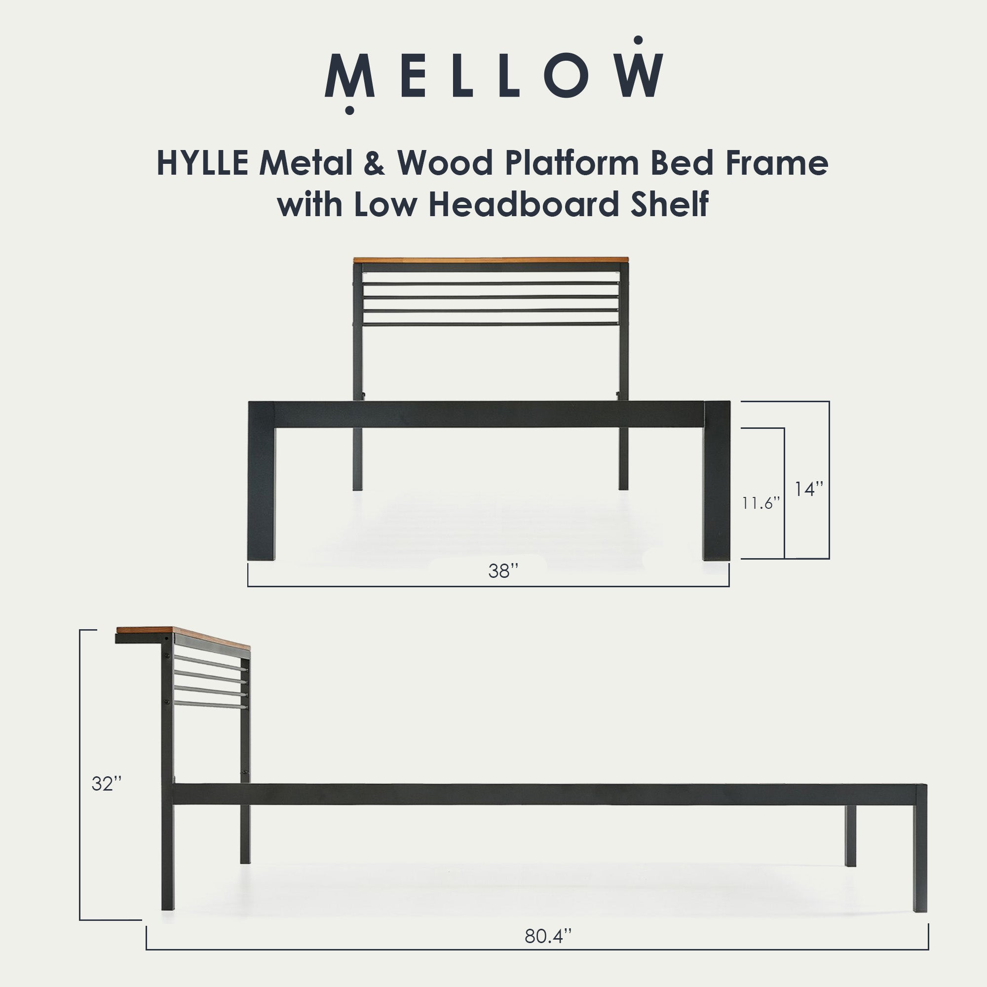 Mellow HYLLE Metal & Wood Platform Bed Frame with Low Headboard Shelf, Twin - Smart-nests