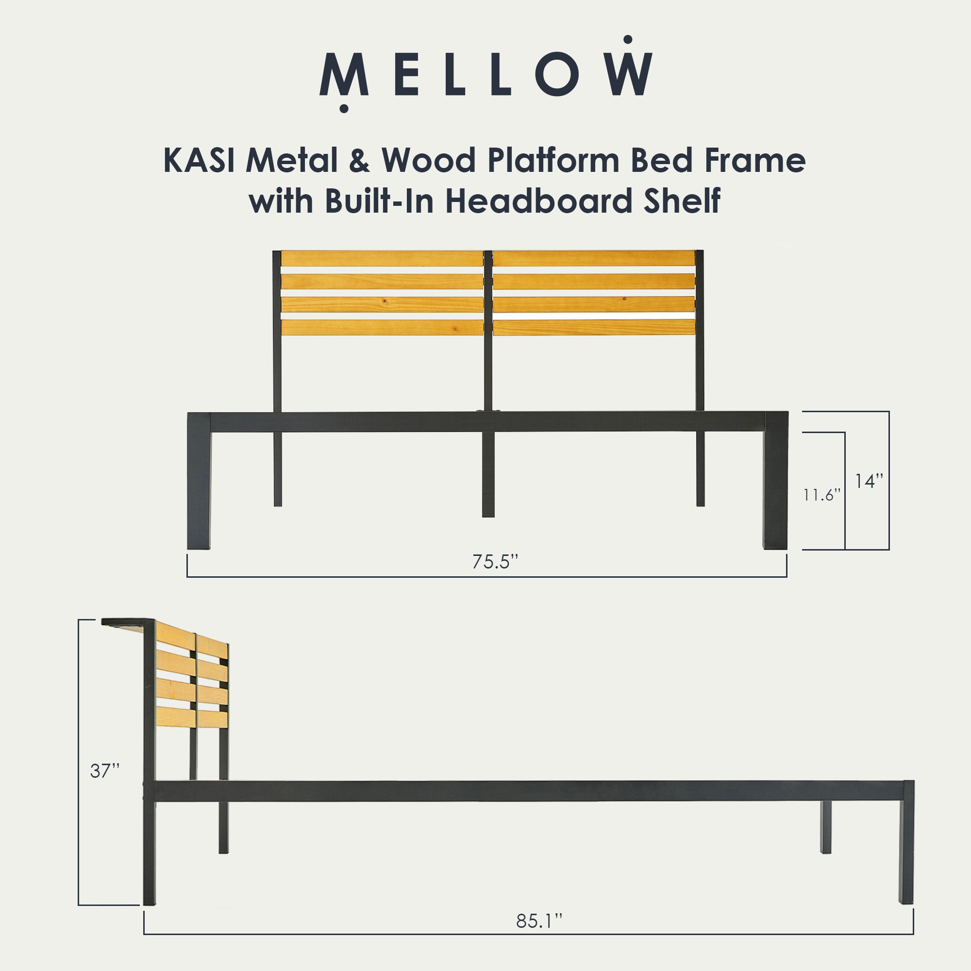 Mellow KASI Metal & Wood Platform Bed Frame with Built-In Headboard Shelf, King - Smart-nests