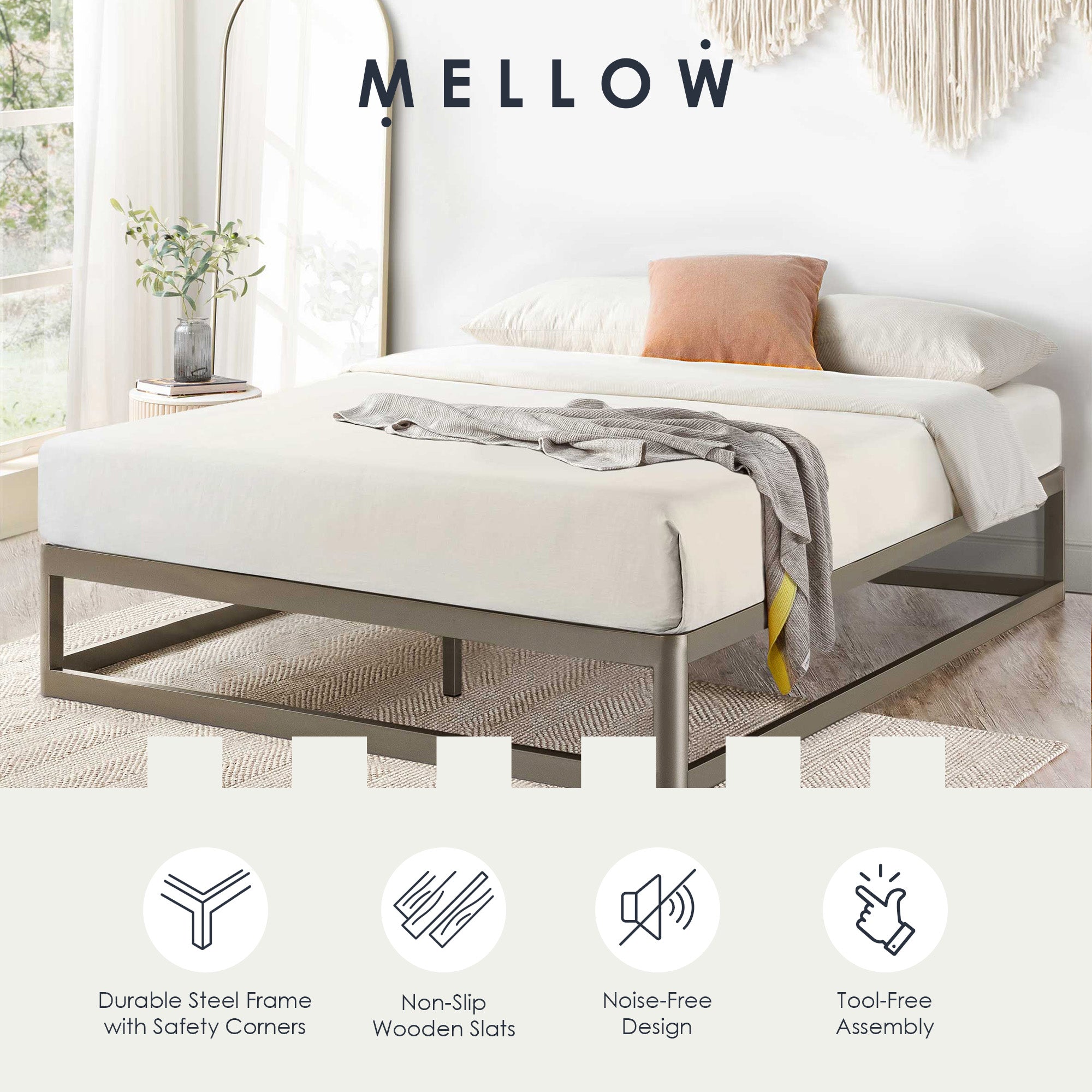 Mellow Ace of Base Metal Platform Low Profile Bed Frame, Round 12 Inch, King - Smart-nests