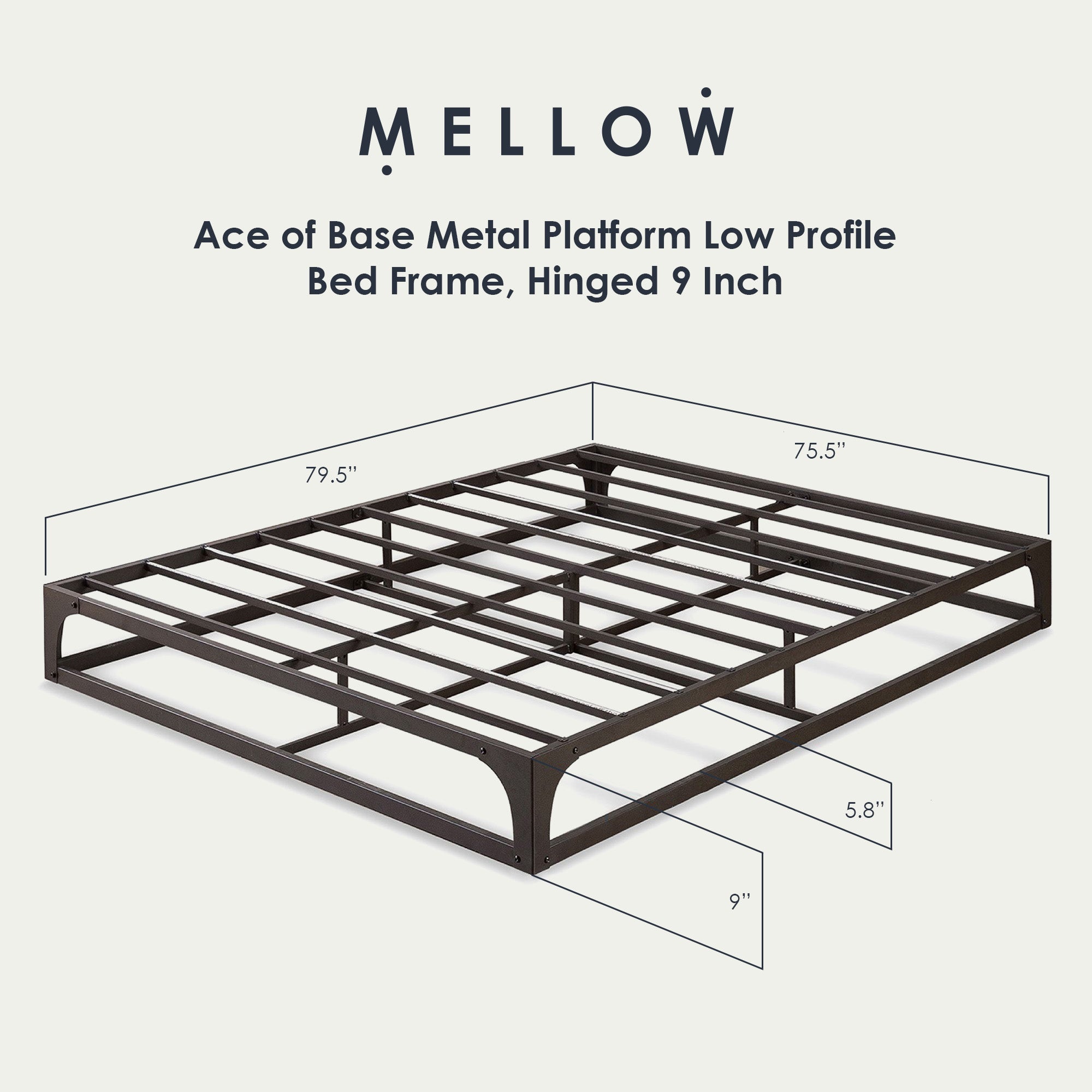 Mellow Ace of Base Metal Platform Low Profile Bed Frame, Hinged 9 Inch, King - Smart-nests