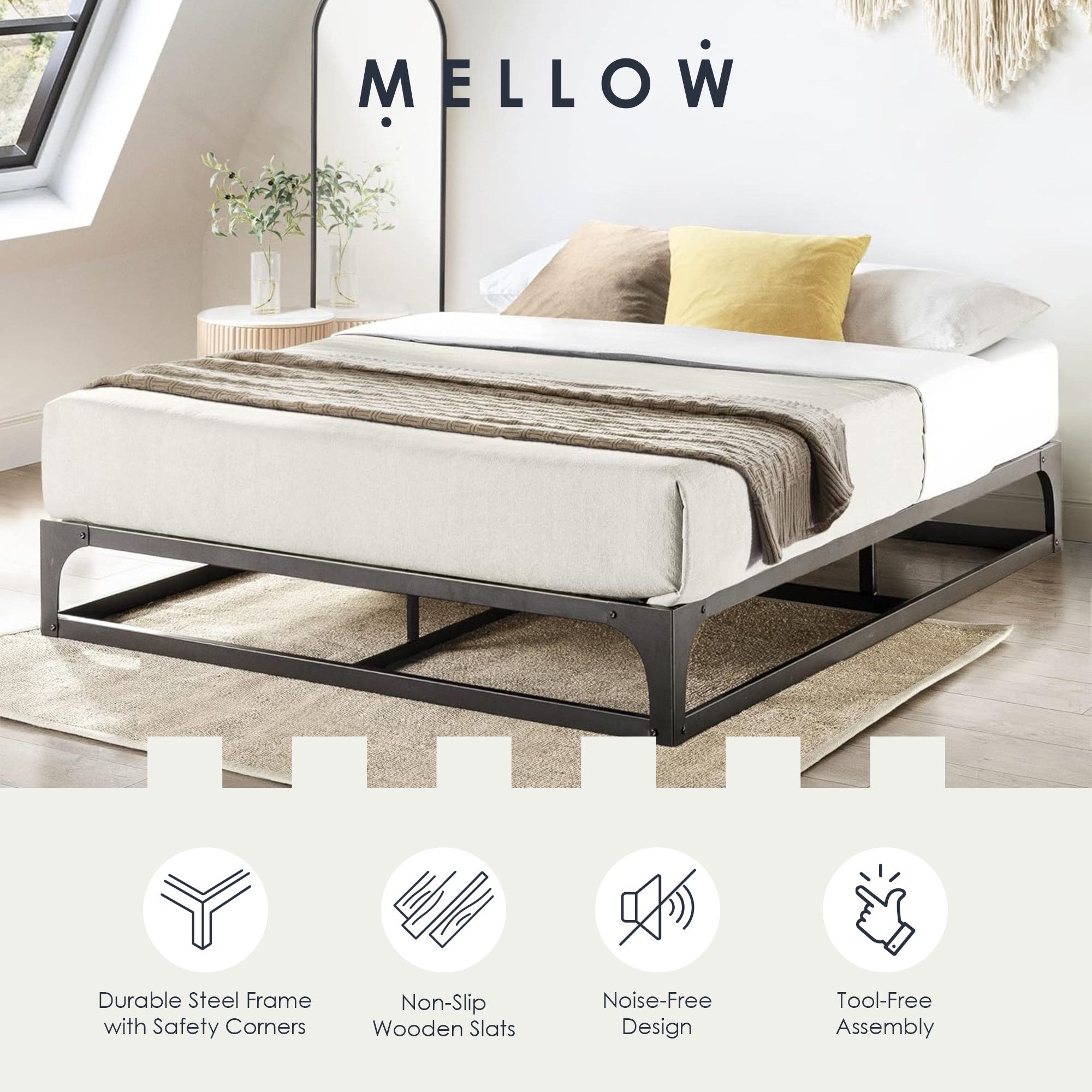 Mellow Ace of Base Metal Platform Low Profile Bed Frame, Hinged 9 Inch, King - Smart-nests