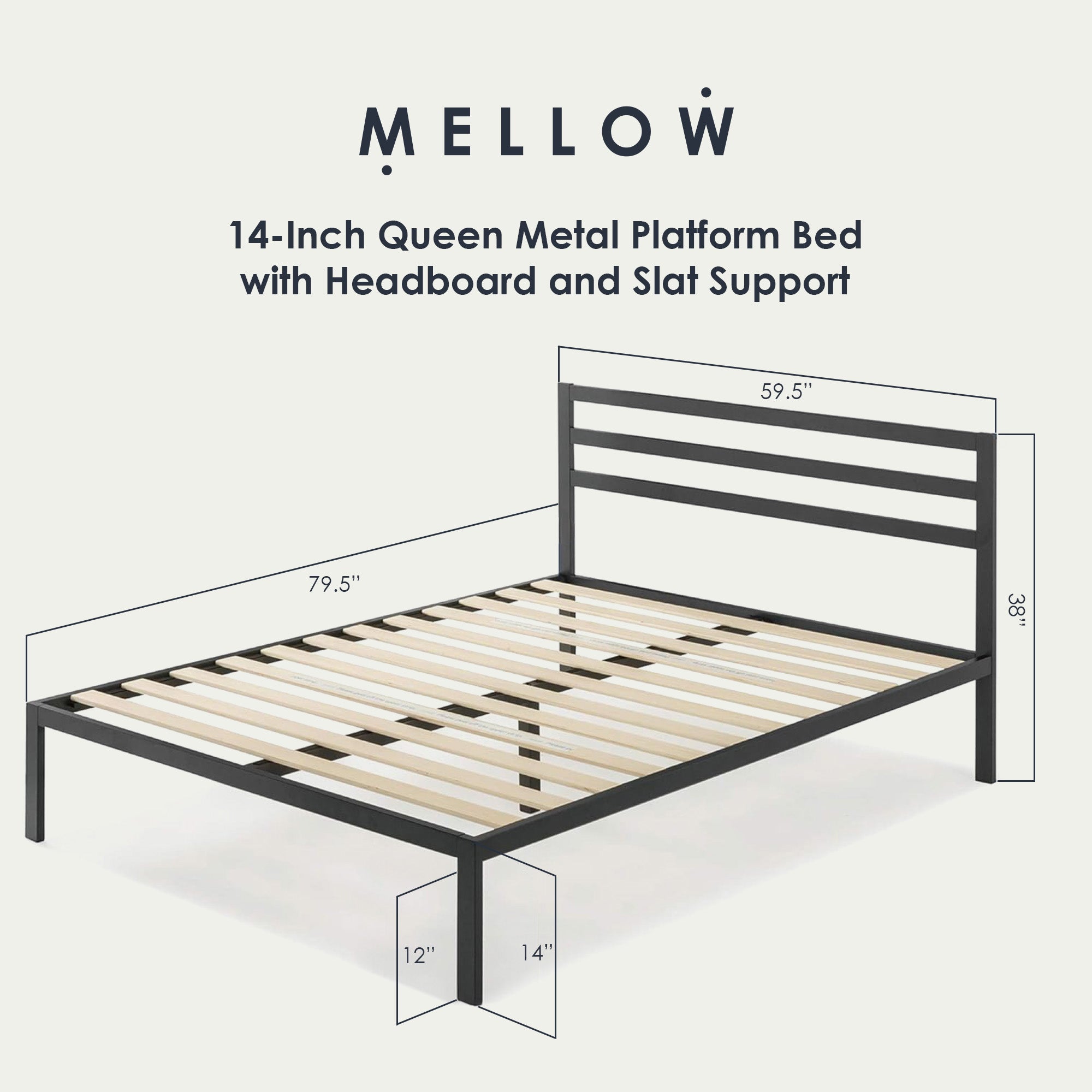 Mellow 14-Inch Metal Platform Bed with Headboard and Slat Support, Queen, Black - Smart-nests