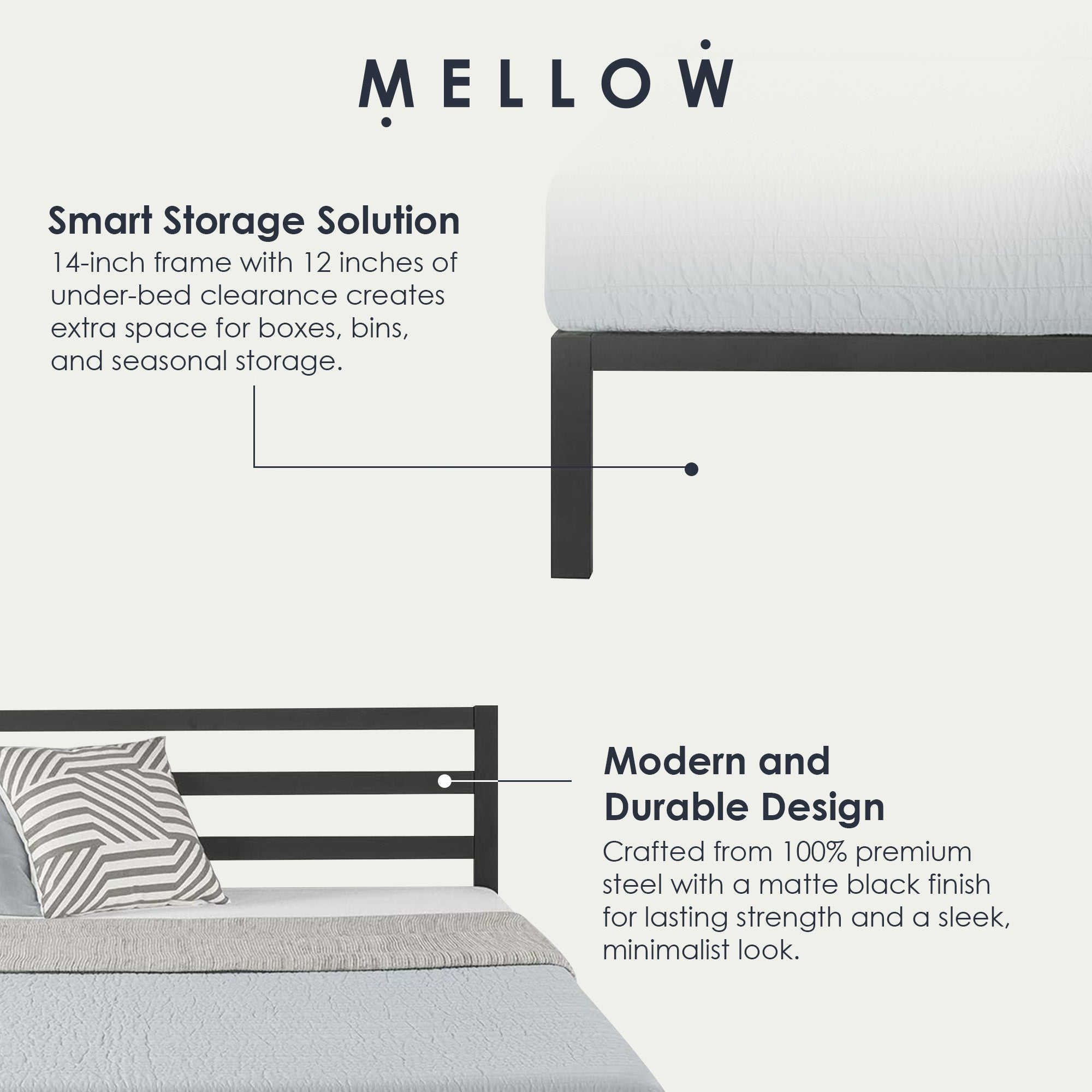 Mellow 14-Inch Metal Platform Bed with Headboard and Slat Support, Queen, Black - Smart-nests