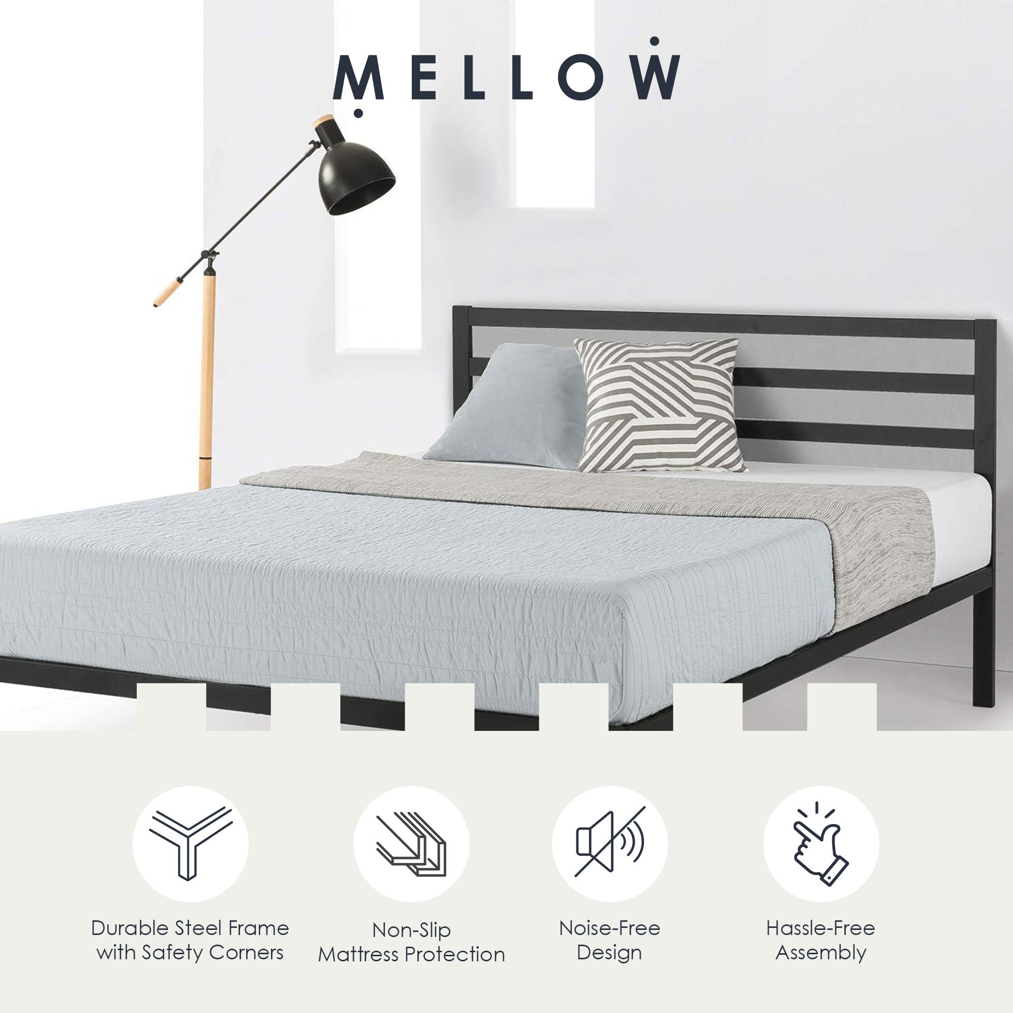 Mellow 14-Inch Metal Platform Bed with Headboard and Slat Support, Queen, Black - Smart-nests