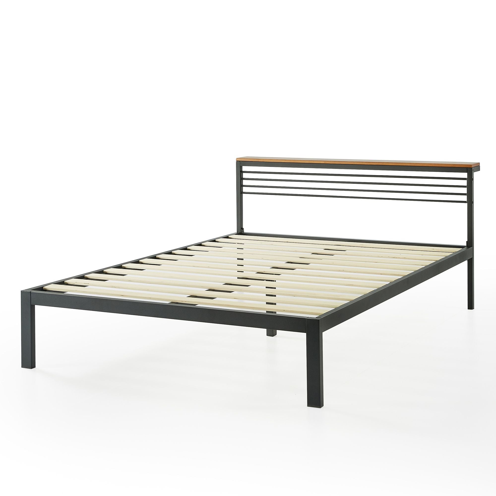 Mellow HYLLE Metal & Wood Platform Bed Frame with Low Headboard Shelf, Full - Smart-nests