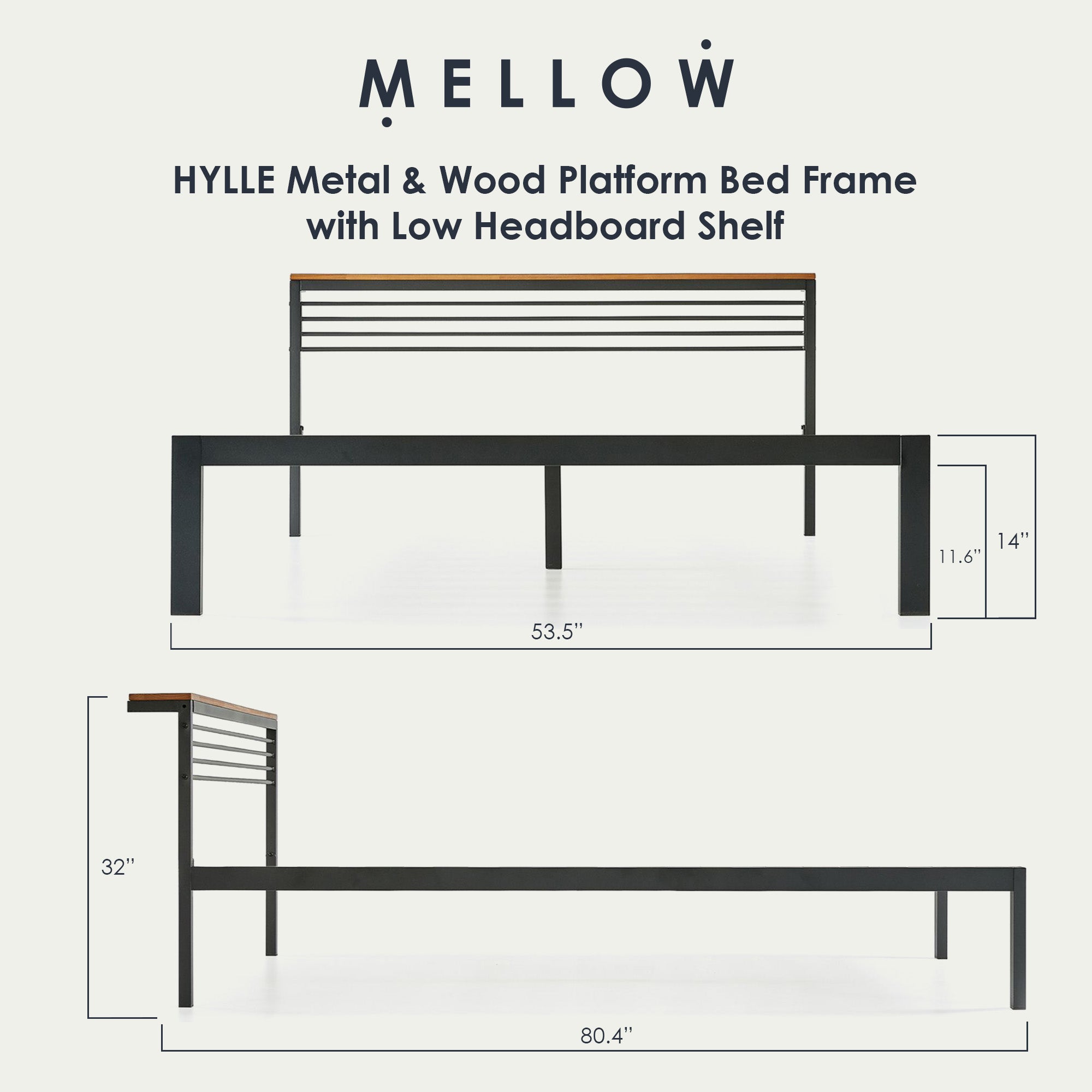 Mellow HYLLE Metal & Wood Platform Bed Frame with Low Headboard Shelf, Full - Smart-nests