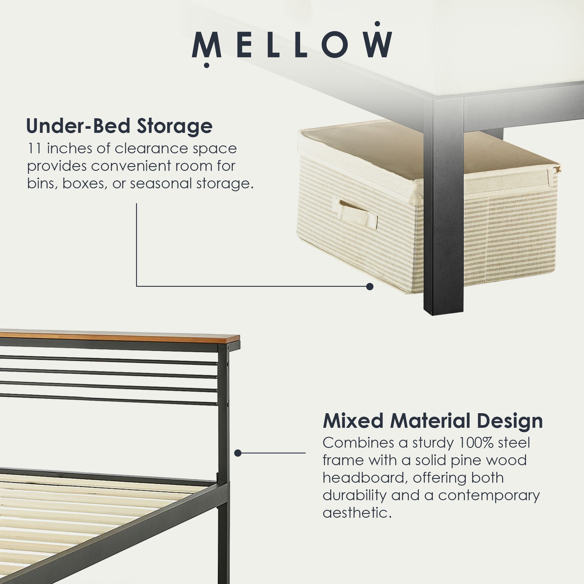 Mellow HYLLE Metal & Wood Platform Bed Frame with Low Headboard Shelf, Full - Smart-nests
