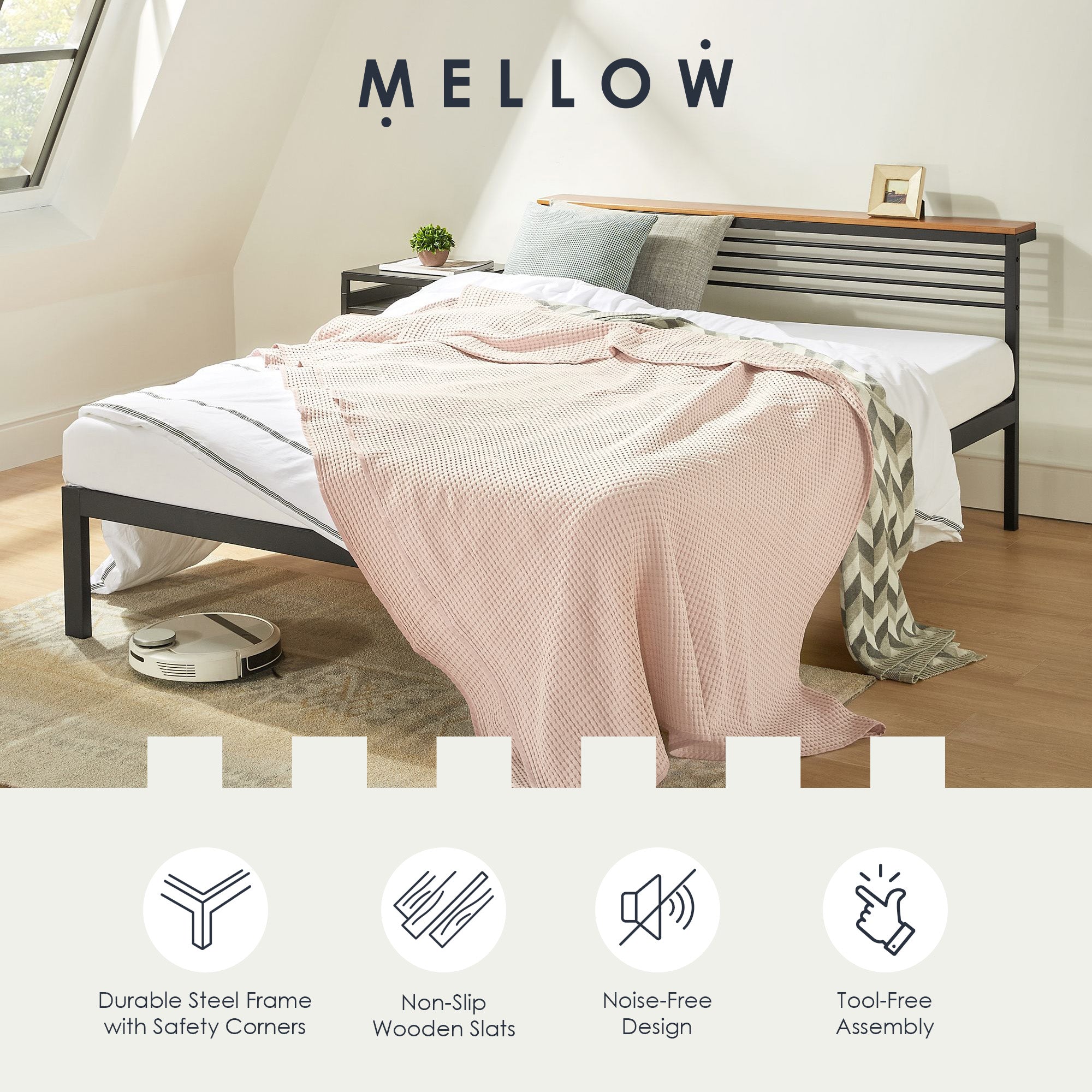 Mellow HYLLE Metal & Wood Platform Bed Frame with Low Headboard Shelf, Full - Smart-nests