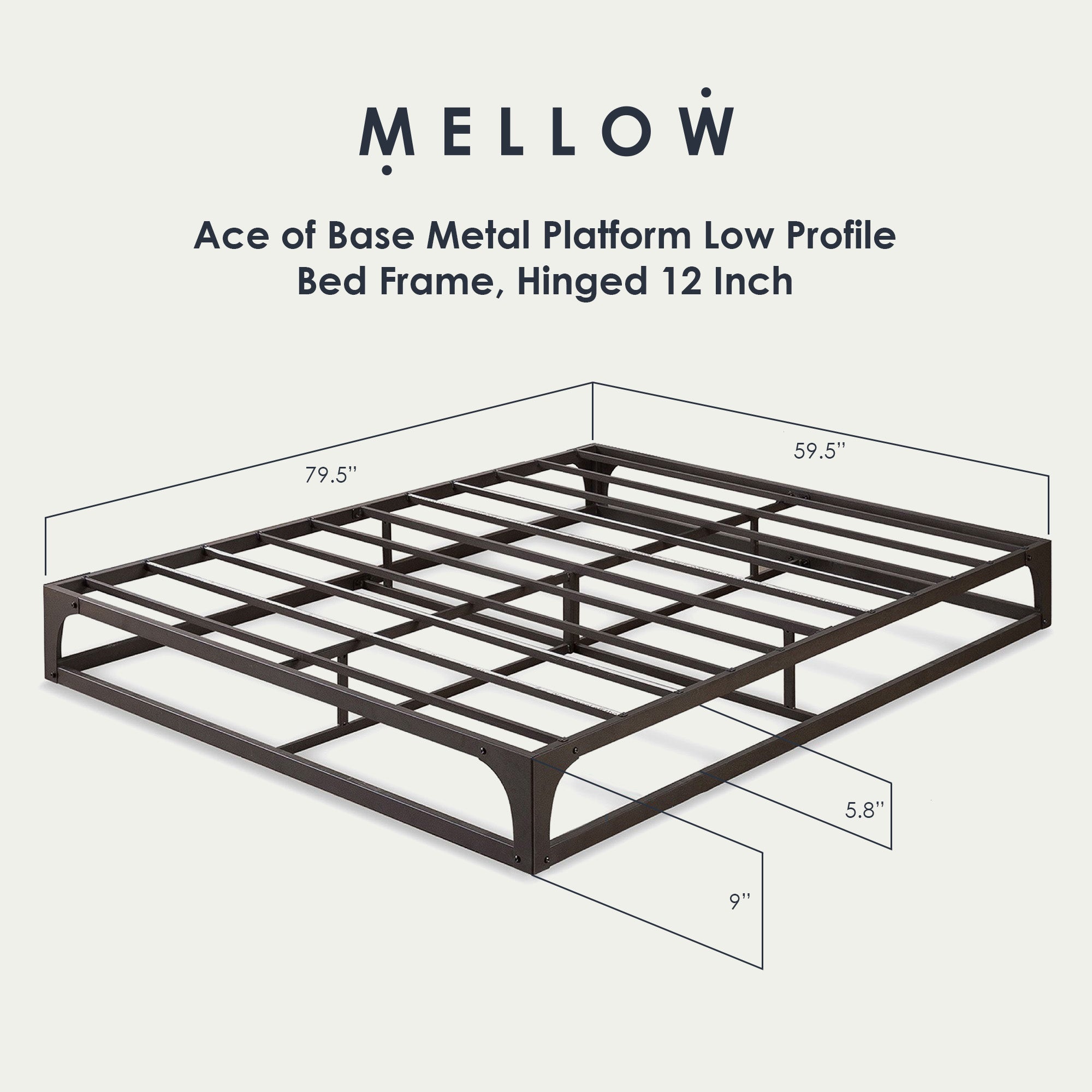 Mellow Ace of Base Metal Platform Low Profile Bed Frame, Hinged 12 Inch, Queen - Smart-nests