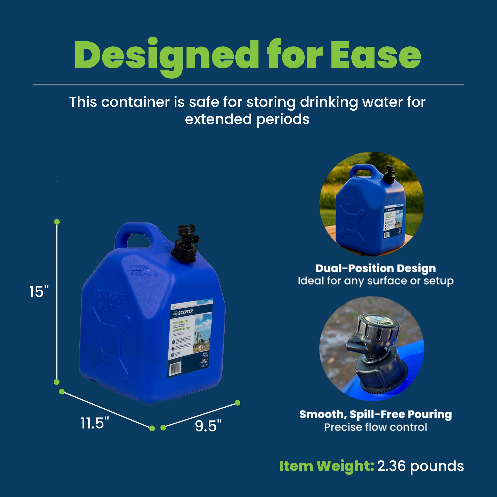 Scepter 5 Gallon Leak Proof Water Jug Storage Container & Handle, Spigot, 4 Pack - Smart-nests