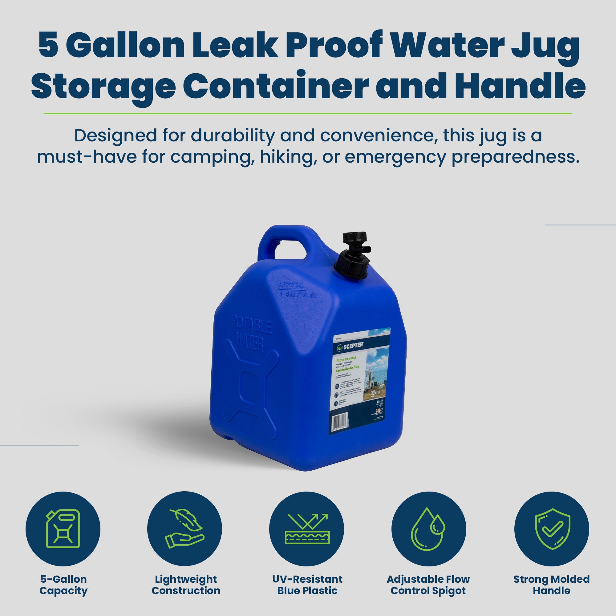 Scepter 5 Gallon Leak Proof Water Jug Storage Container & Handle, Spigot, 4 Pack - Smart-nests